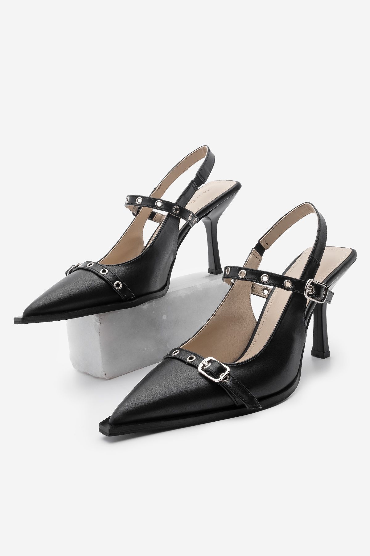 Marjin Zekra Black Women's Stiletto - Buty Na Obcasie Z Odkrytym Tyłem I Spiczastym Noskiem - 38
