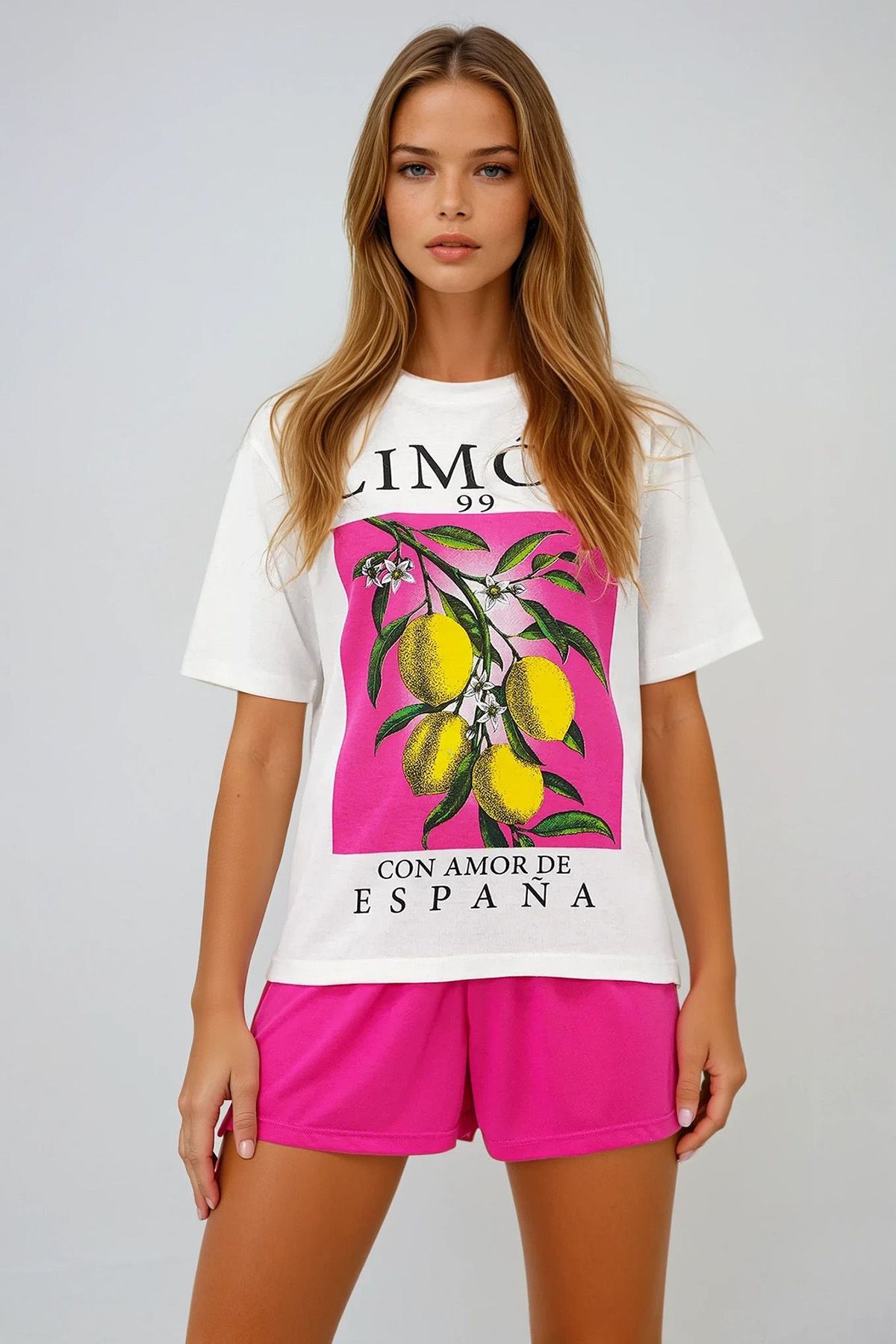 VAGGON Limon Baskılı Pamuklu Basic T-Shırt Ve Şortlu Pijama Takımı