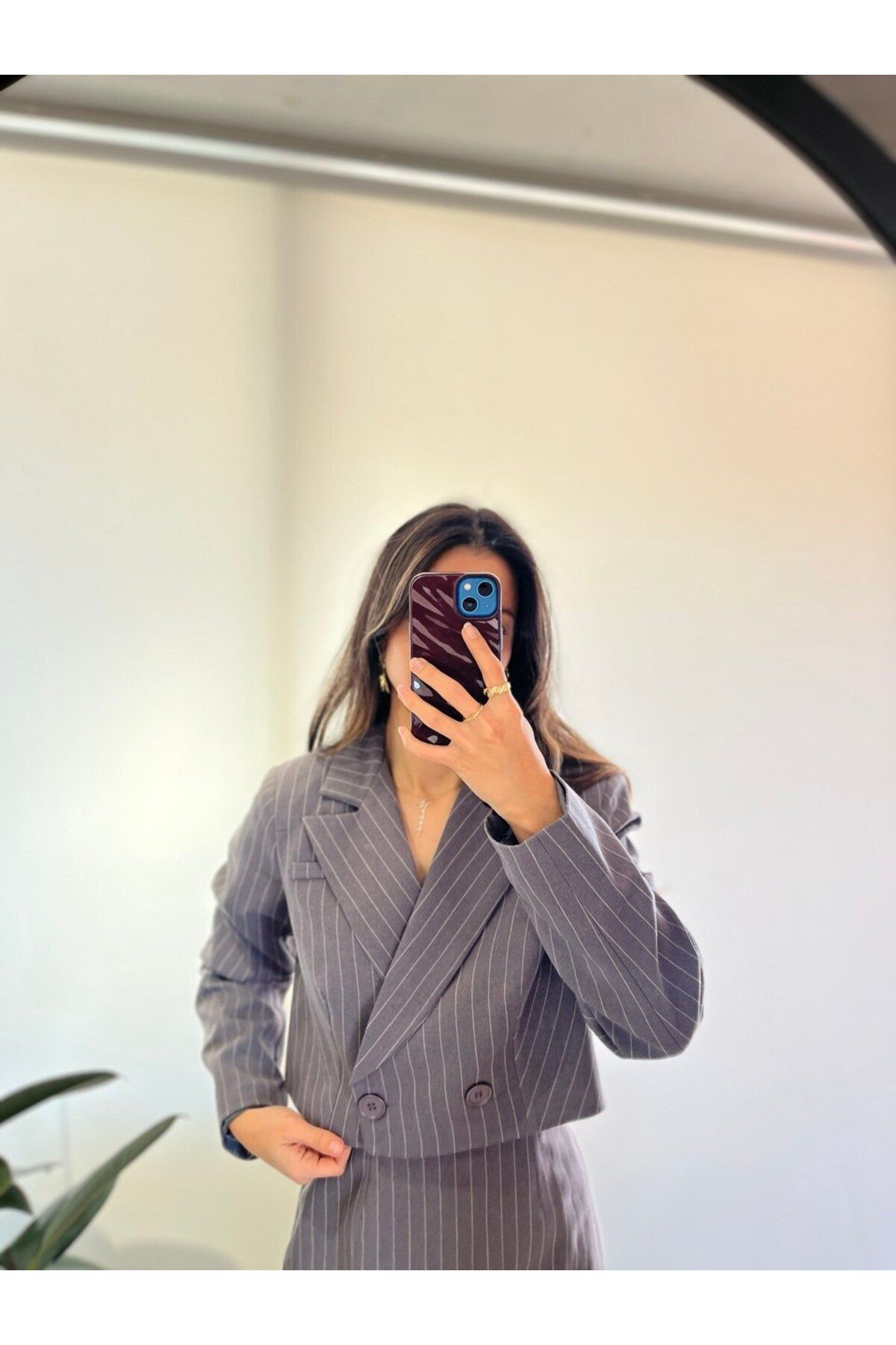 akya Çizgili Kruvaze Yaka Düğmeli Blazer/Etek Takım