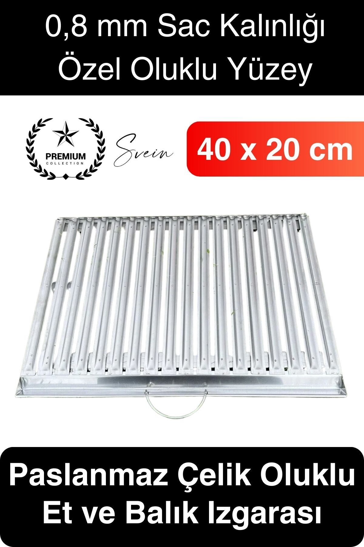 Svein Premium 40 x 20 cm Paslanmaz Çelik 0,8 Kalın Oluklu Izgara Mangal Piknik Kamp Et Balık Kebap Pişirme