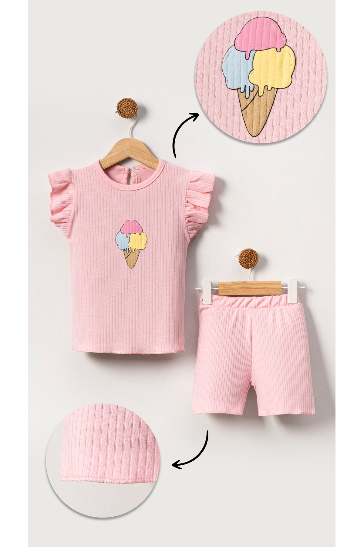 Bubito Kabartmalı Dondurma Görselli Pamuklu Kız Bebek Şort Takım-Pembe fotoğrafı 3 (önizleme)