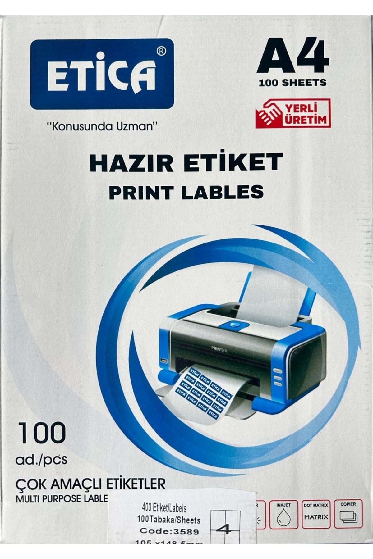 ErNePack 2 Paket Etica Hazır Laser Etiket A4 100 Sayfa 105 mm x 148,5 mm x 143,5 Mm 4'lü (code:3589)