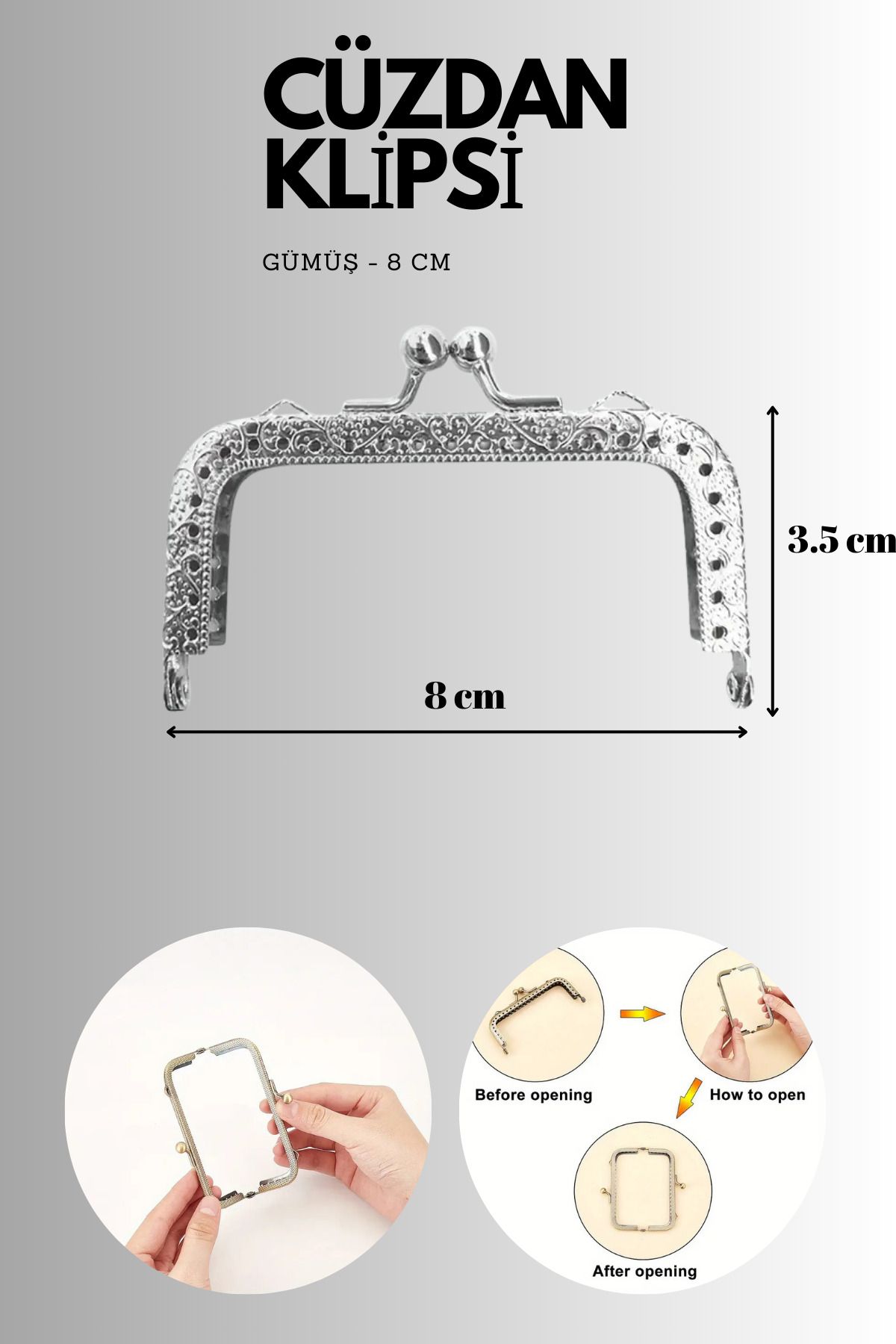 Kardelux Vintage Metal Çanta Sapı- Cüzdan Klipsi- Bursu- 8cm-Dikdörtgen