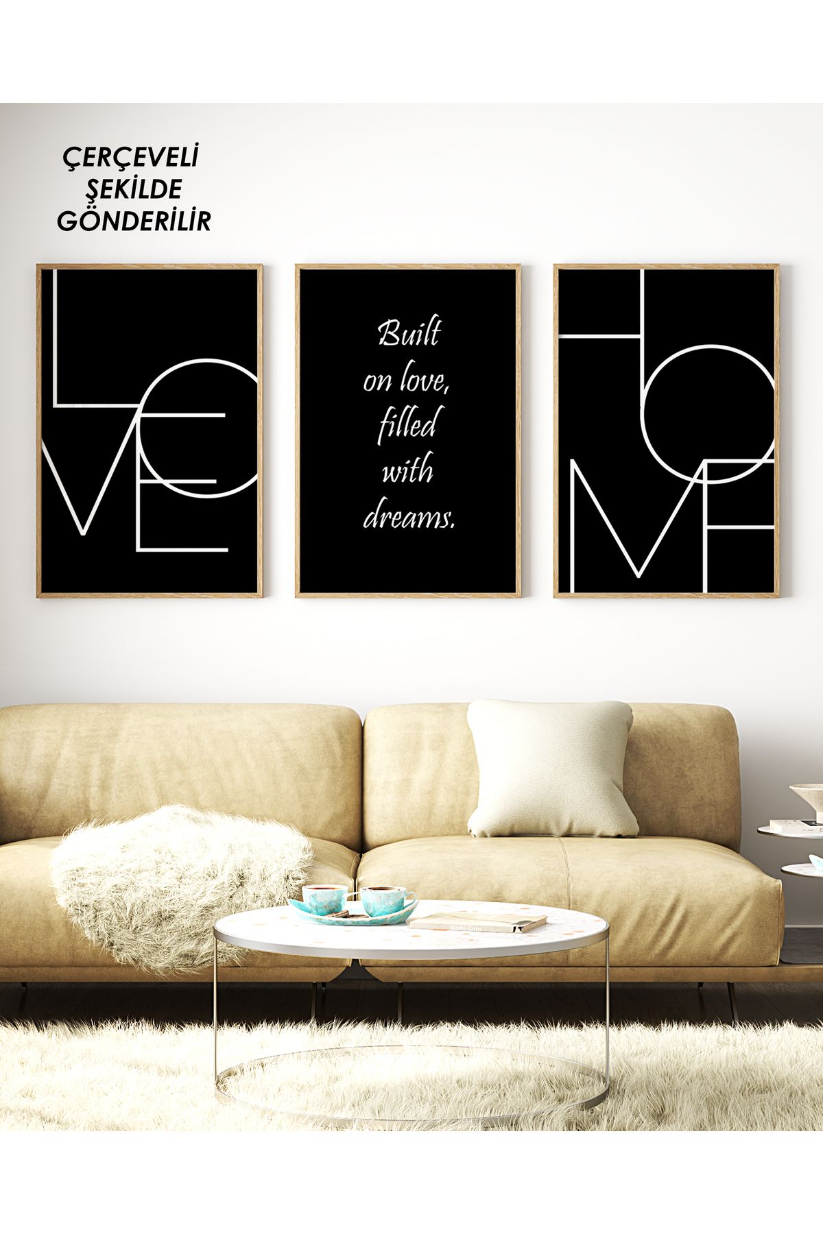 çınararthome LOVE & HOME Siyah Yazılı 3’lü Çerçeveli Poster Tablo Seti – Modern & Minimal Duvar Dekorasyonu