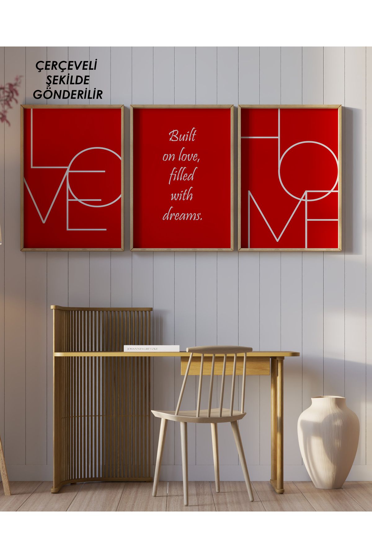 çınararthome LOVE & HOME Kırmızı Yazılı 3’lü Çerçeveli Poster Tablo Seti – Modern & Minimal Duvar Dekorasyonu
