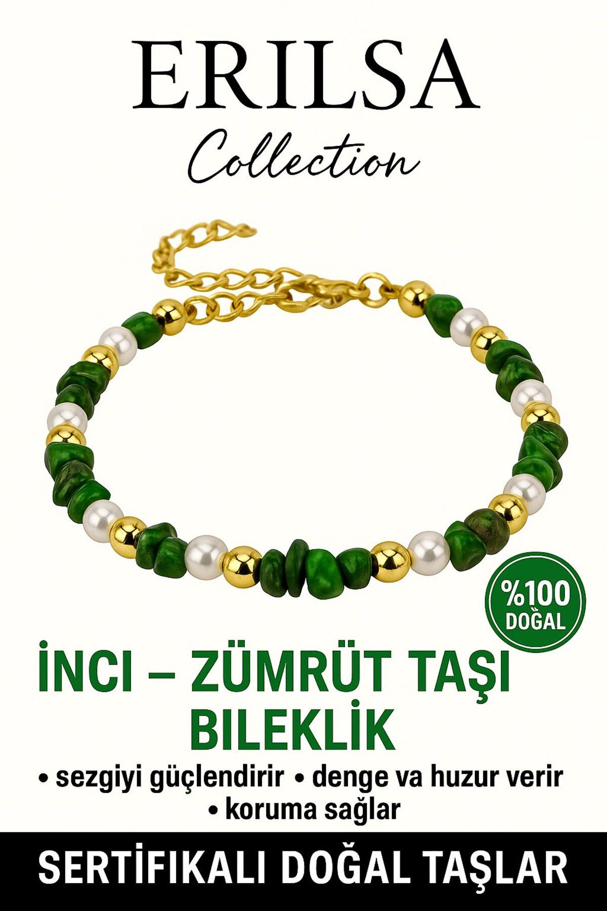 Erilsa Sertifikalı İnci ve Zümrüt Taşı Bileklik – Sezgi ve Denge