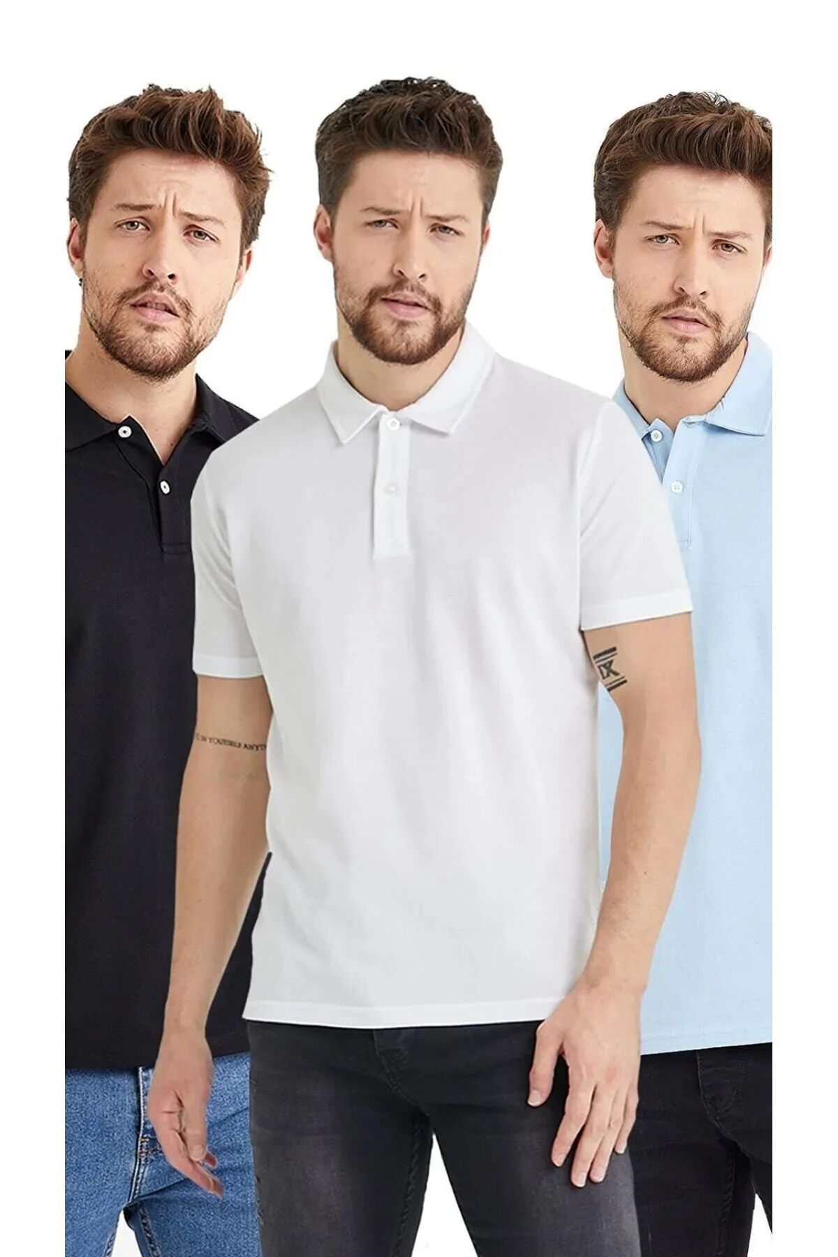 Rublays Erkek 3'lü Set Siyah-Beyaz-Mavi Polo Yaka Kısa Kollu Yazlık T-shirt