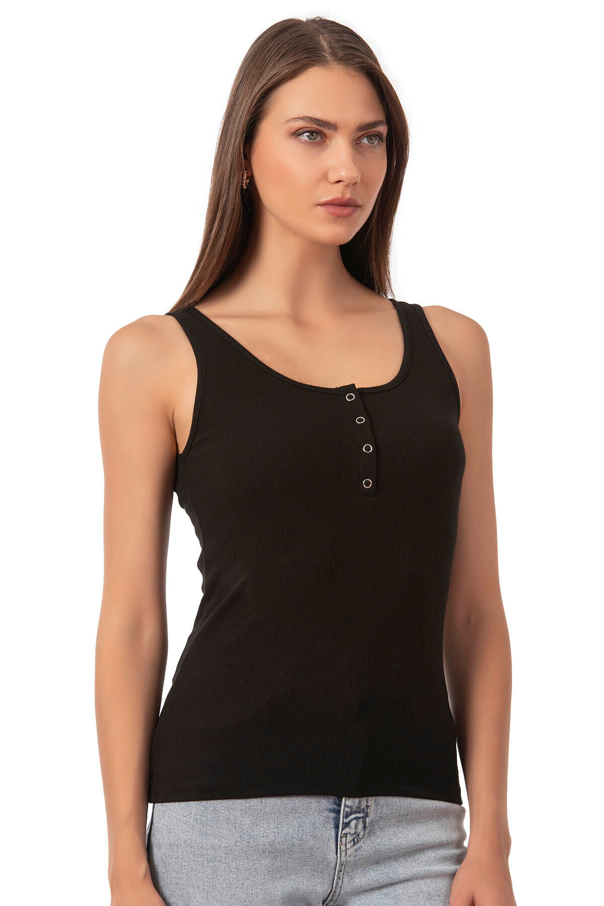 ÖZKAN underwear  Özkan 27063 Kadın Pamuklu Likralı Kaşkorse Fitilli Esnek Rahat Önü Patlı Kalın Askılı Örme Atlet - Görsel 4