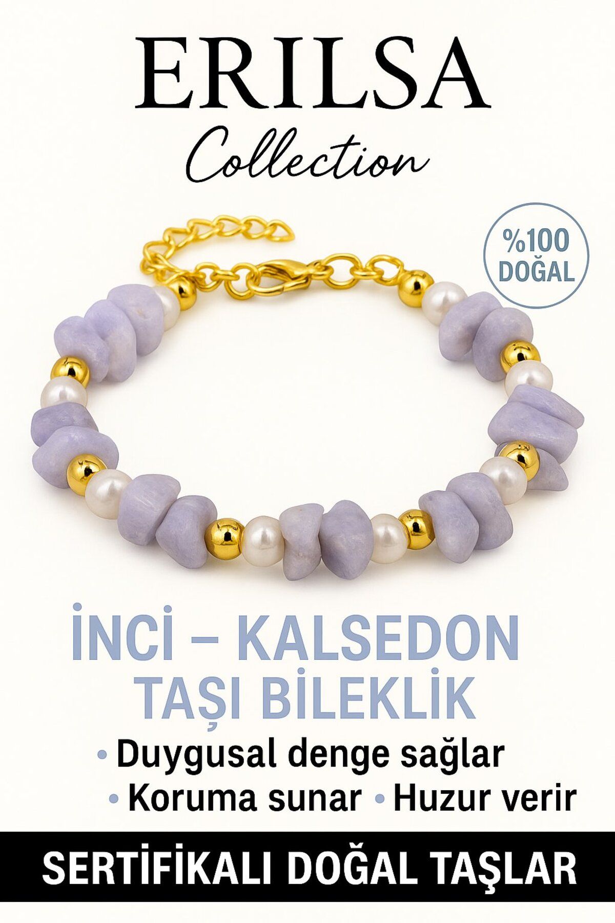 Erilsa Sertifikalı İnci ve Kalsedon Taşı Bileklik – Duygusal Denge ve Huzur