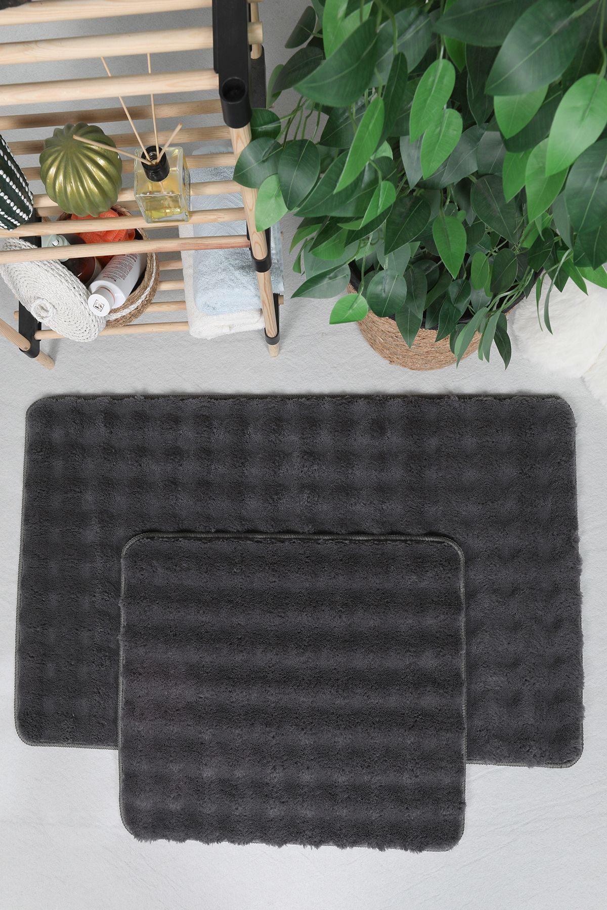 Lagom Life Banyo Paspas Takımı Ikili Peluş Halı Kaymaz Taban 50x90 Cm + 50x60 Cm KOYUGRI