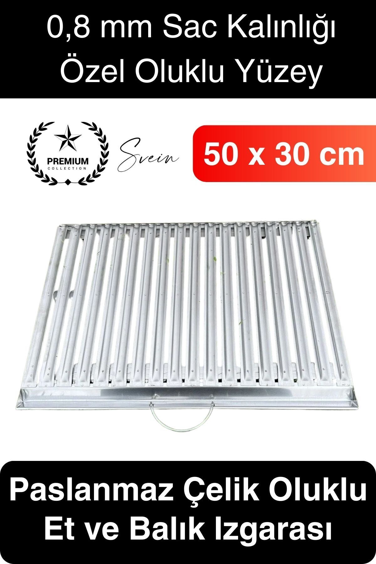 Svein Premium 50 x 30 cm Paslanmaz Çelik 0,8 Kalın Oluklu Izgara Mangal Piknik Kamp Et Balık Kebap Pişirme