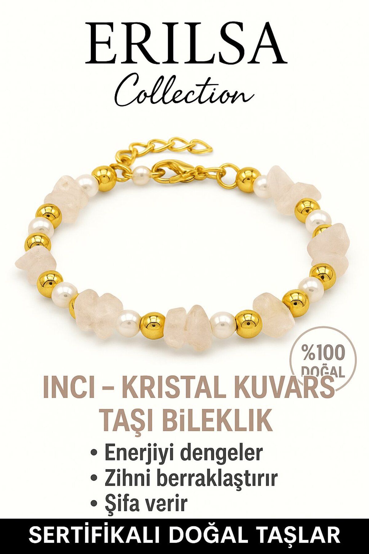 Erilsa Sertifikalı İnci ve Kristal Kuvars Taşı Bileklik – Enerji Dengeleyici Şifa