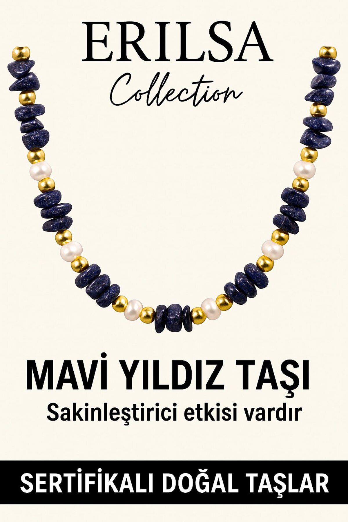 Erilsa Sertifikalı Kırık Taşlı Model İnci - Mavi Yıldız Taşı Kolye