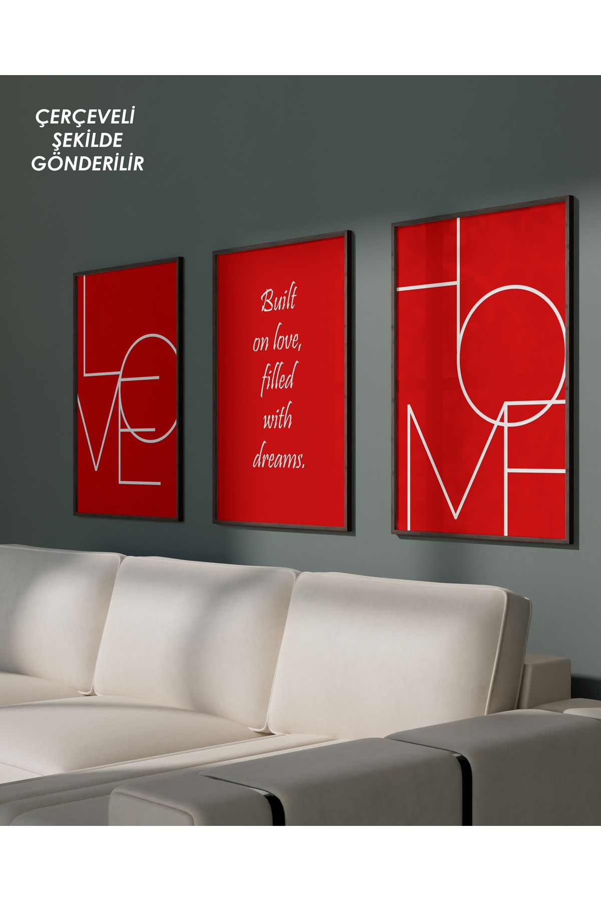 çınararthome LOVE & HOME Kırmızı Yazılı 3’lü Çerçeveli Poster Tablo Seti – Modern & Minimal Duvar Dekorasyonu