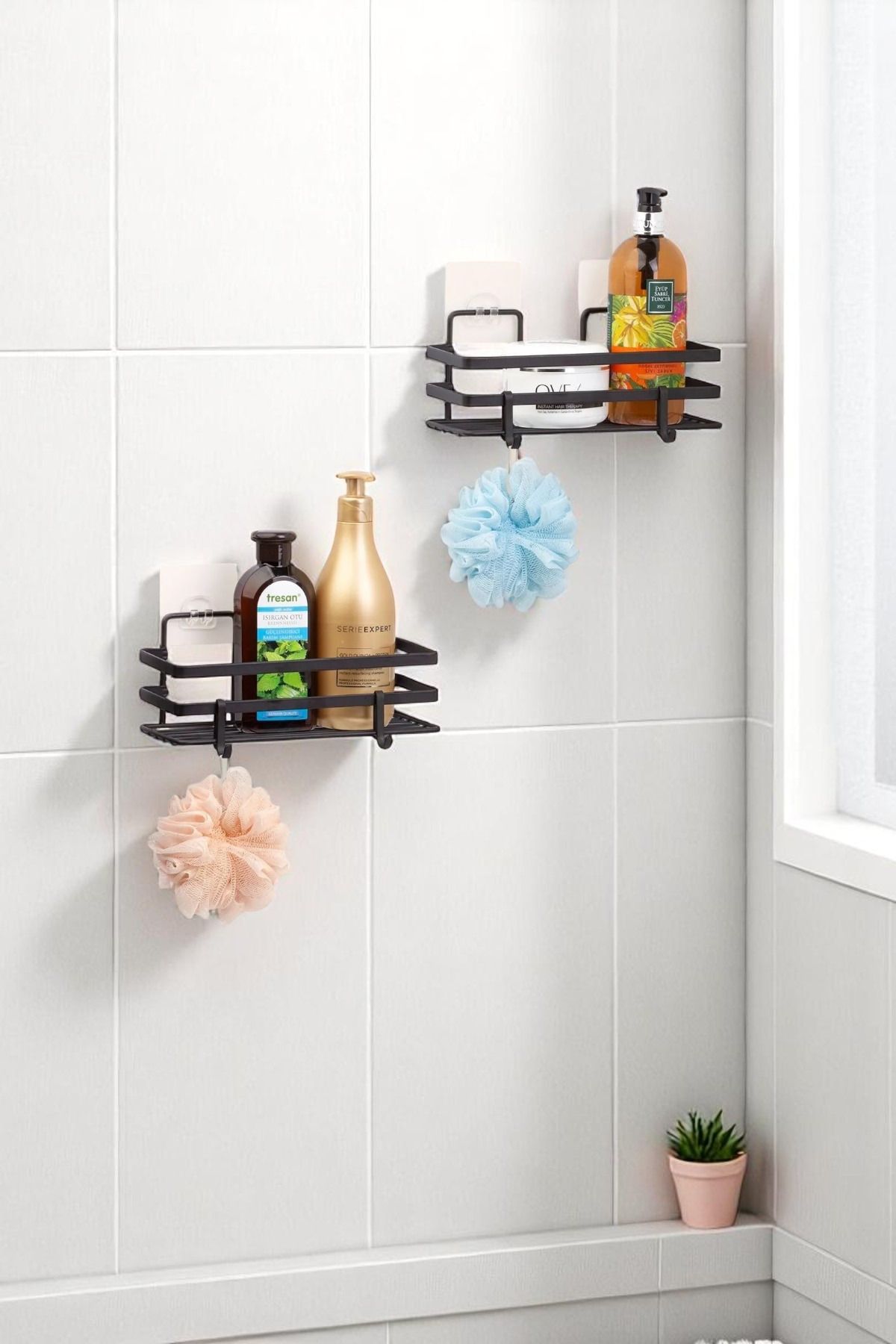 Magic Objects 2'li Yapışkanlı Lamalı Banyo Rafı, 2'li Tek Katlı Banyo Organizer, Kancalı Banyo Düzenleyici