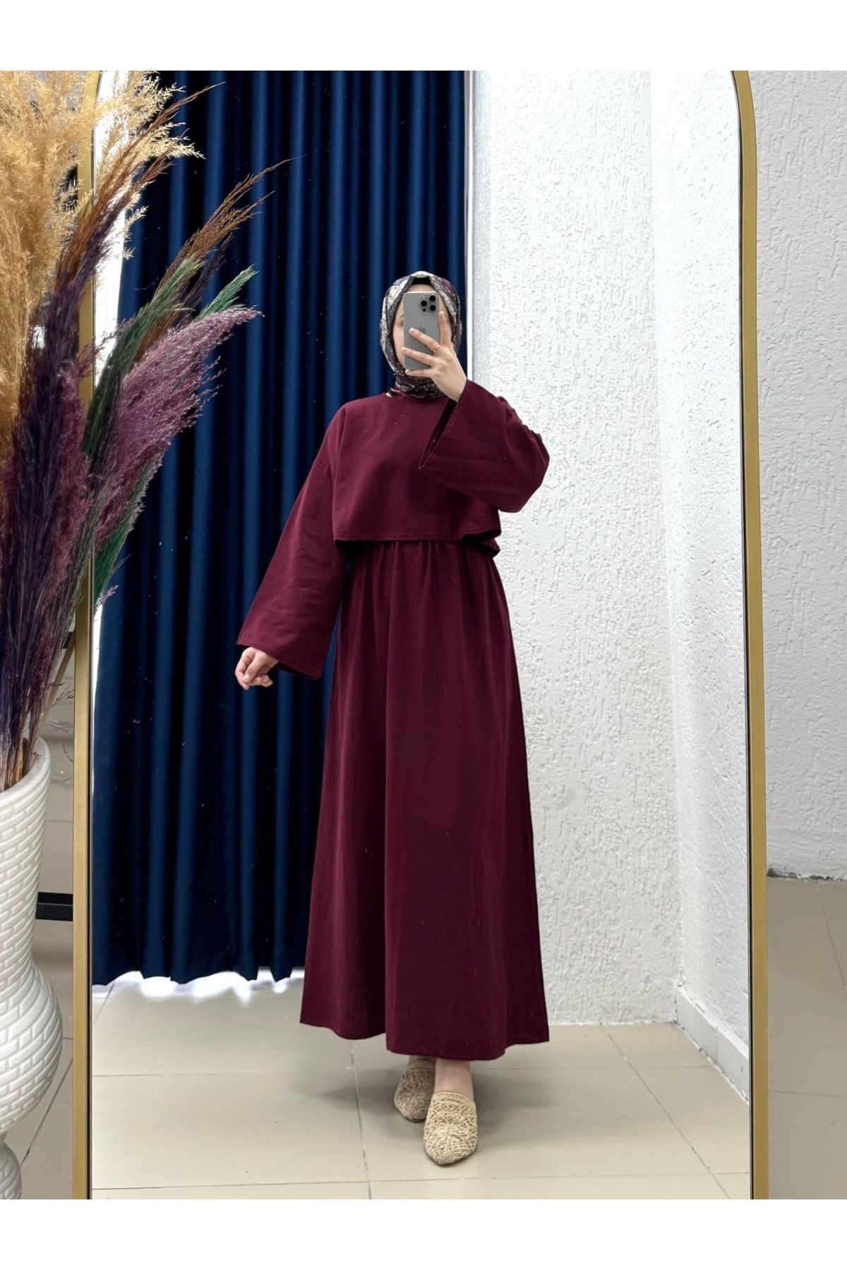Ebrar Store Yelesia Üstü Bluz Etekli Keten Takım-EK524 Bordo