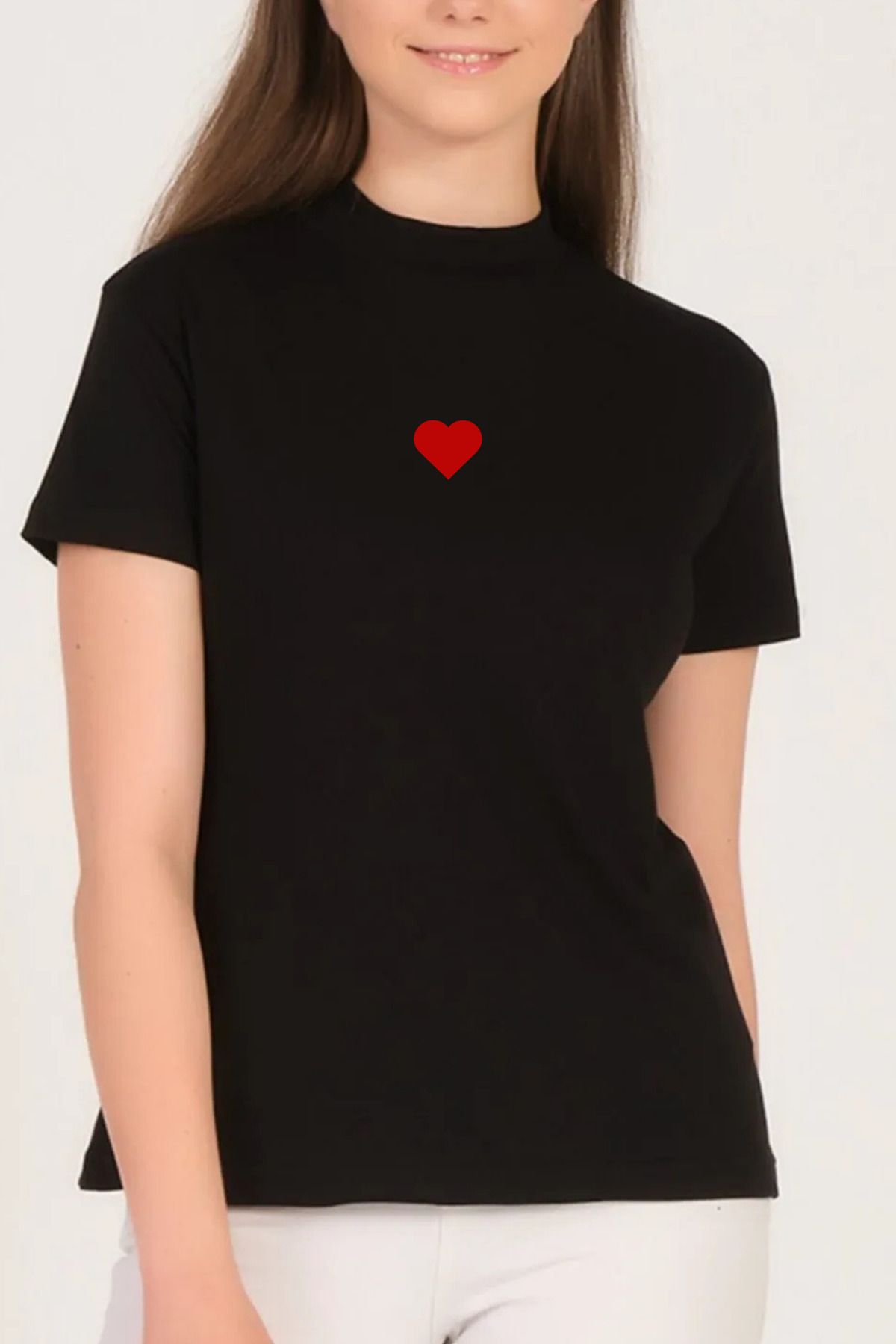 PHIL HILL Kalp Desenli Kadın Siyah Dik Yaka T-shirt