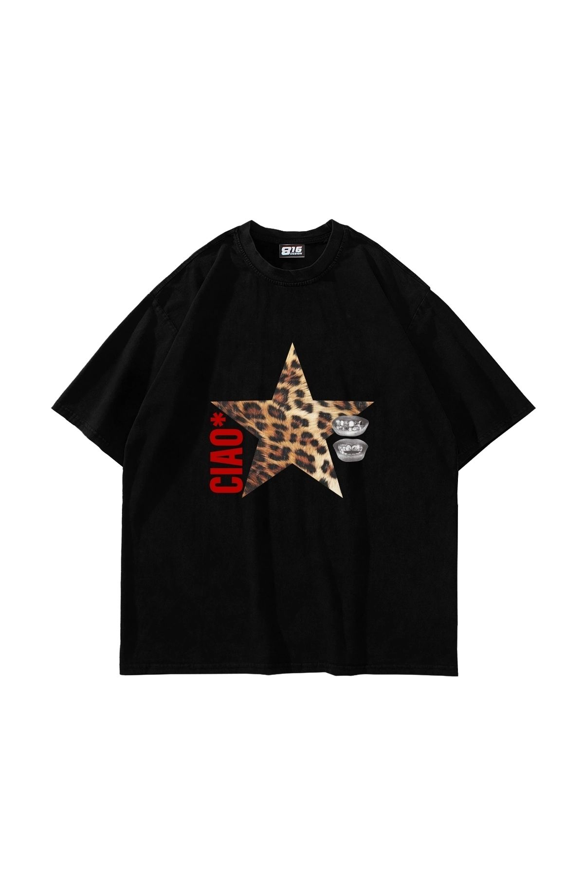 ACTIVE MODA Ciao Yıldız Baskılı Oversize Unisex Siyah Tshirt