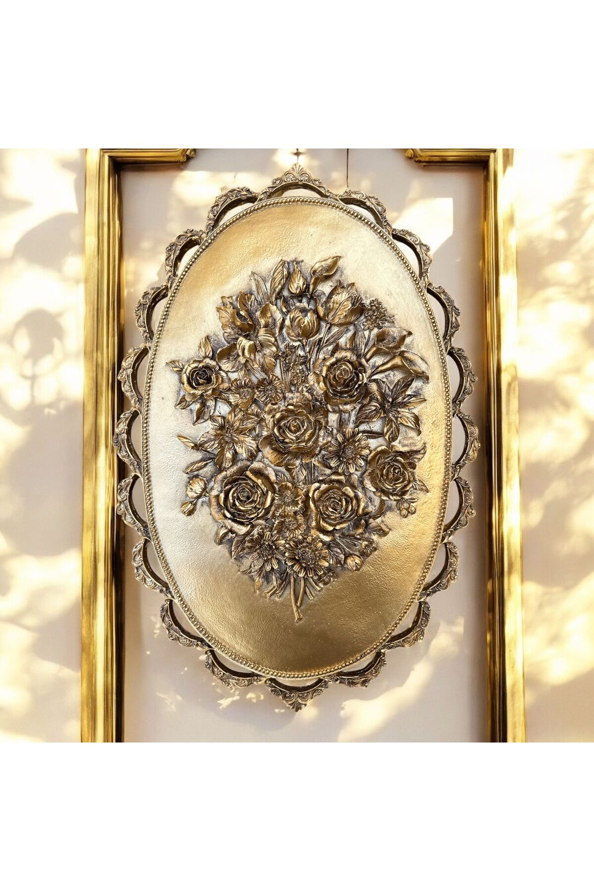 Peramari Dekoratif Polyester Pano Çiçek Tablo Gül Gold Eskitme