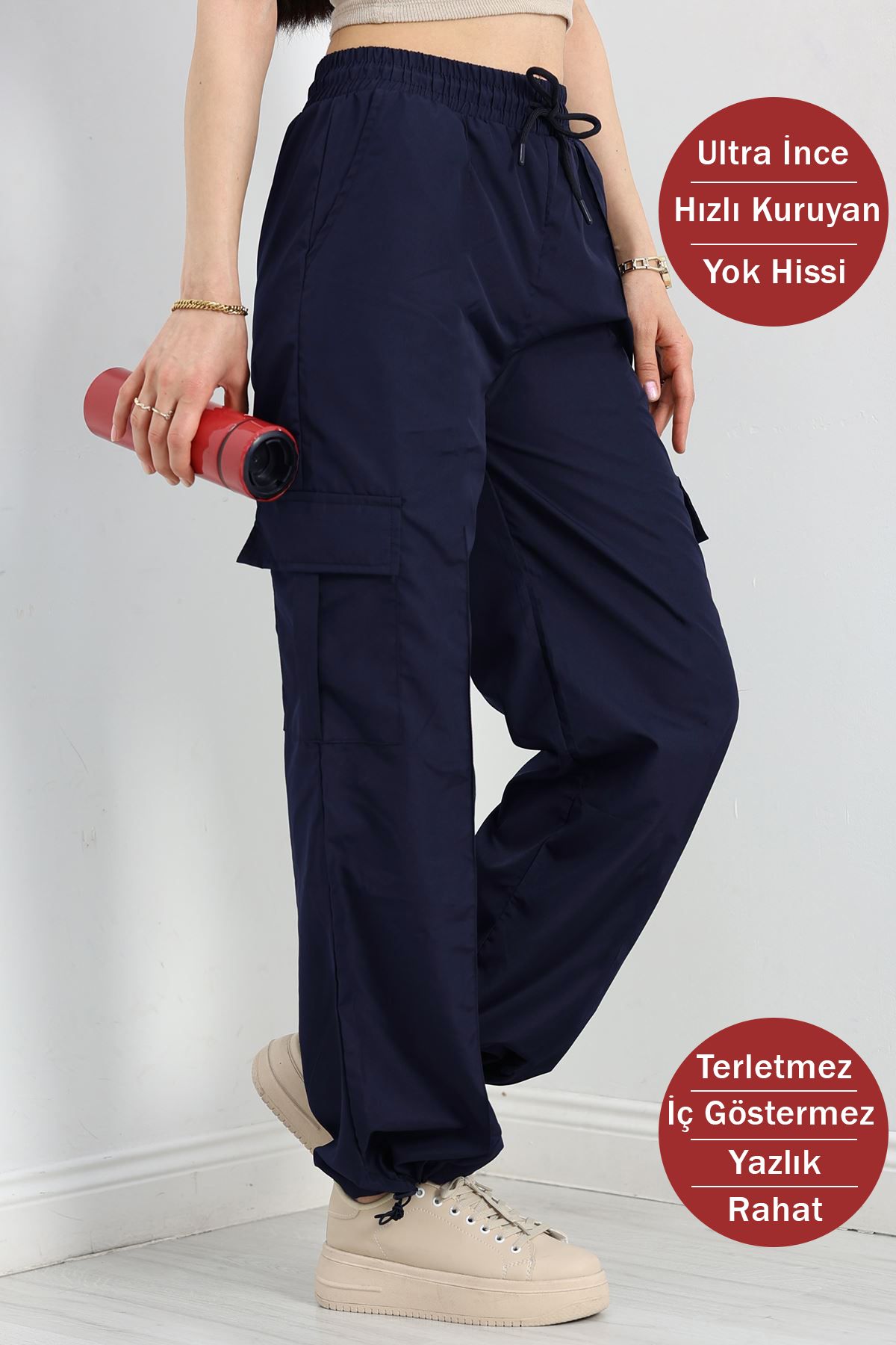OXVİN Kadın Oversize Paraşüt Kumaş Kargo Cep, Paça Klipsli, Baggy Pantolon