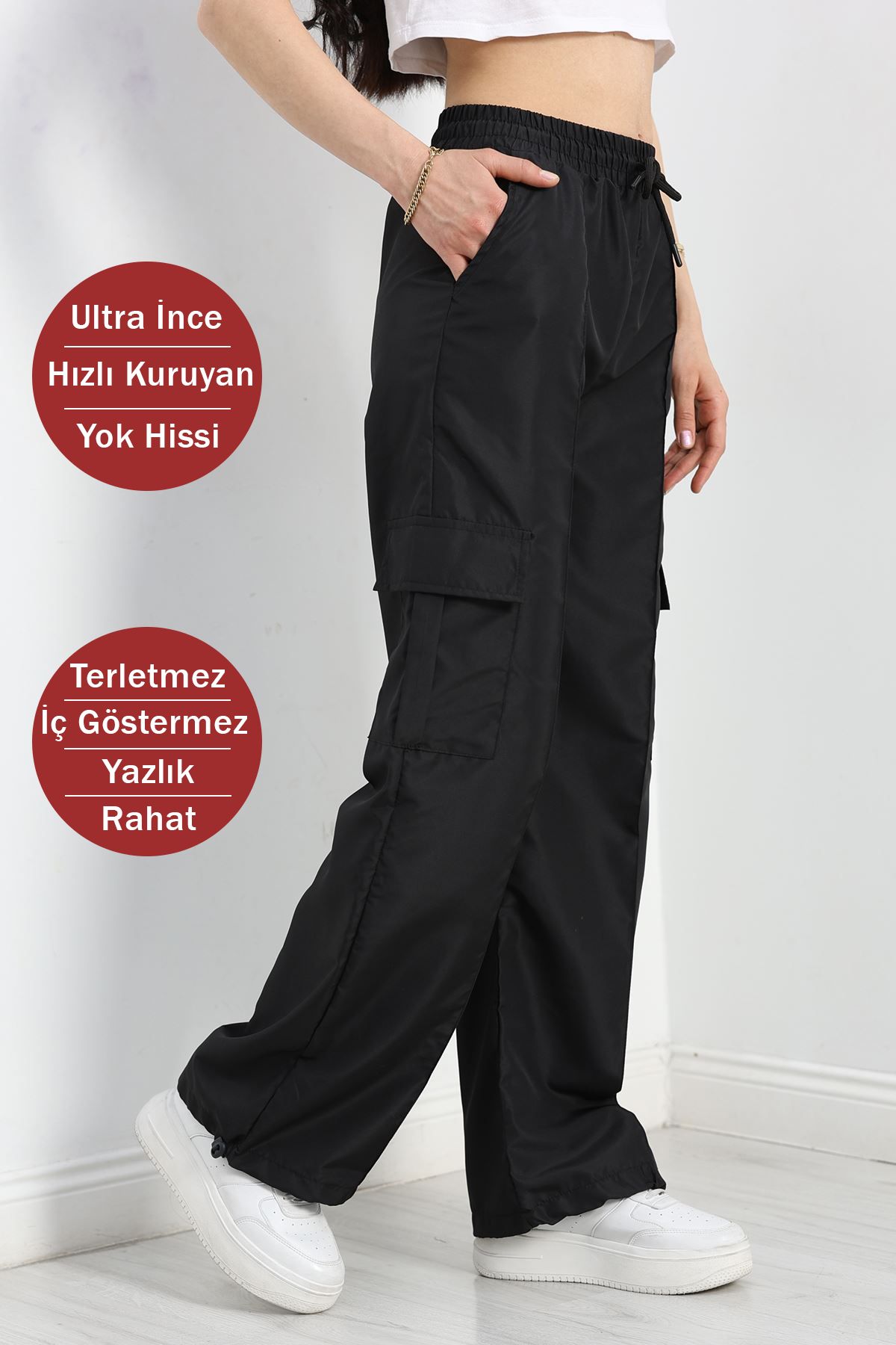 OXVİN Kadın Oversize Paraşüt Kumaş Kargo Cep, Paça Klipsli, Baggy Pantolon