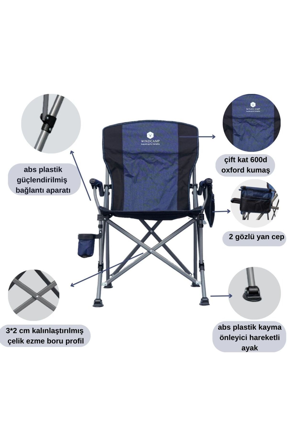 Campsezgin Wındcamp Katlanır Kamp Sandalyesi Lüx - Mavi (60x60x46/95) - Kılıf dahil