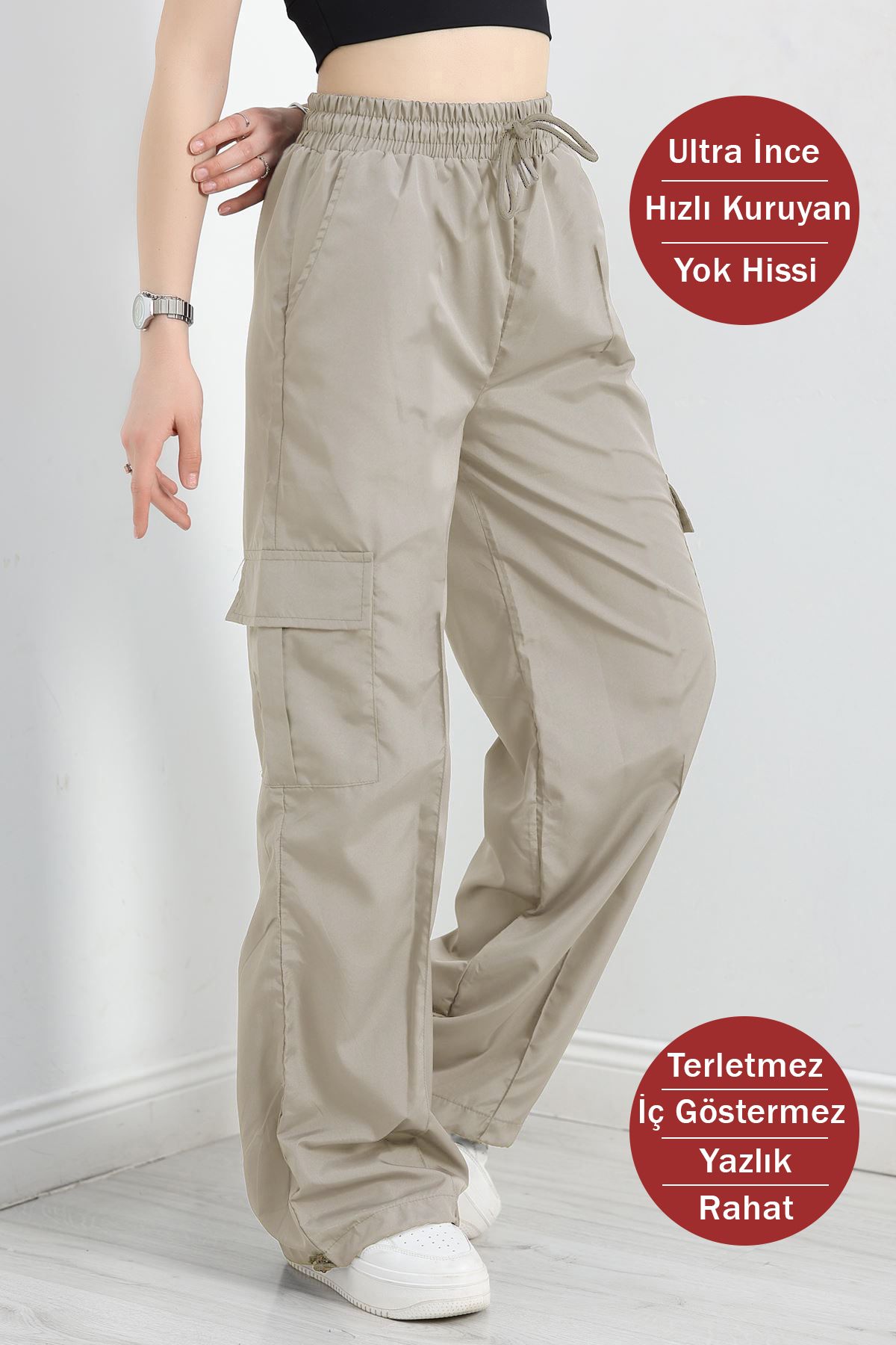 OXVİN Kadın Yazlık Oversize Paraşüt Kumaş Kargo Cep, Paça Klipsli, Baggy Pantolon
