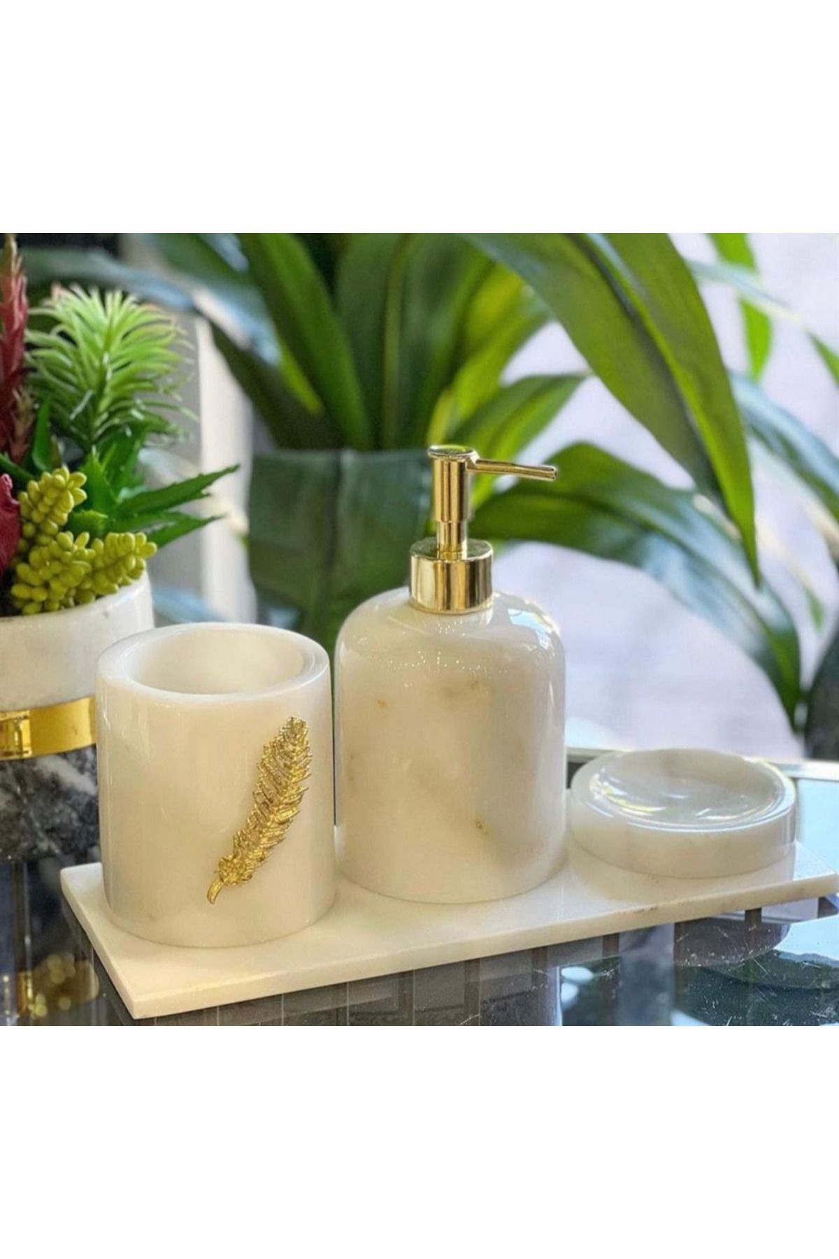 Onedekor Marblas 4'lü Banyo Seti Gold Gerçek Mermer