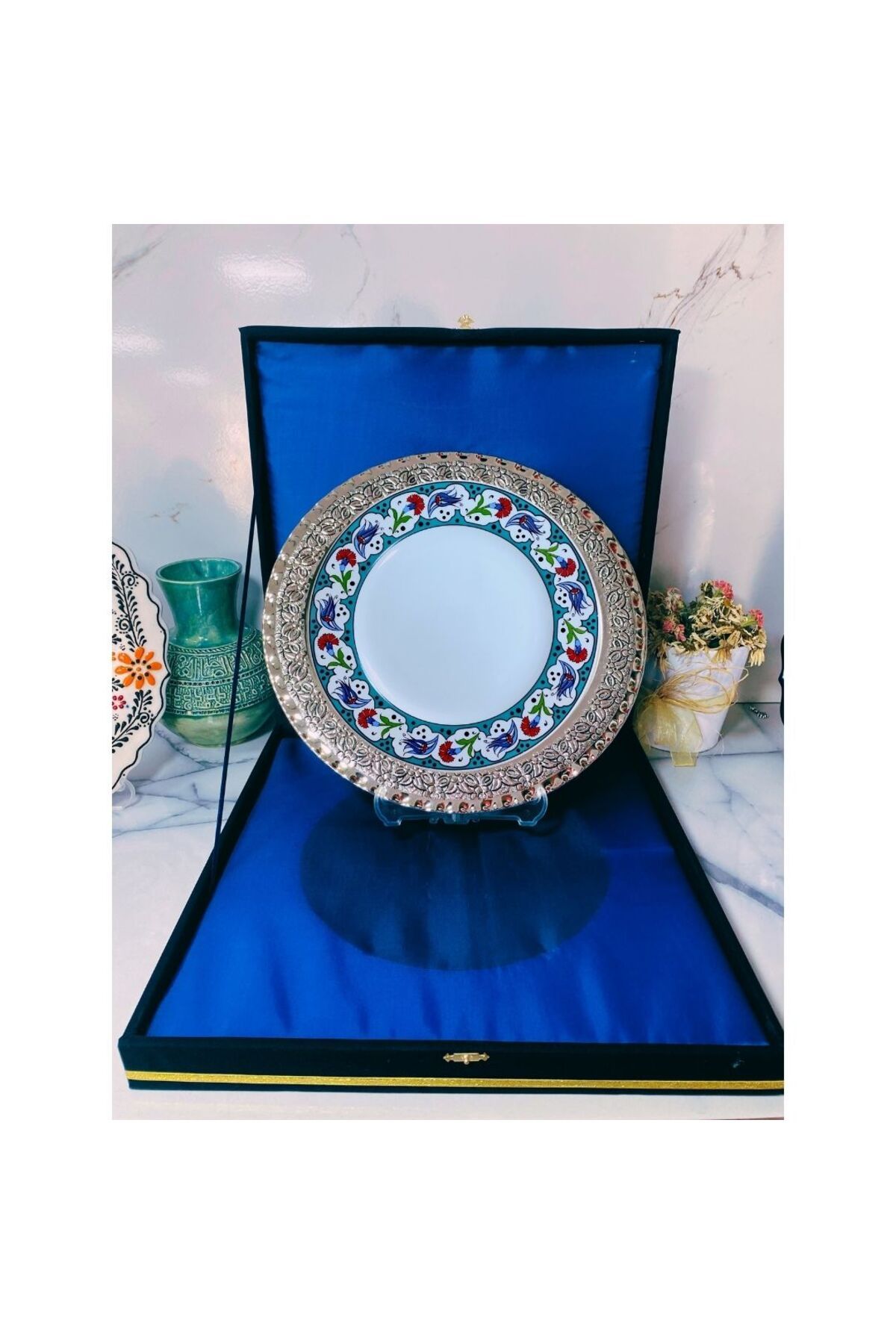 DM PORSELEN GÜMÜŞ TEPSİLİ PLAKET TABAK KADİFE KUTULU