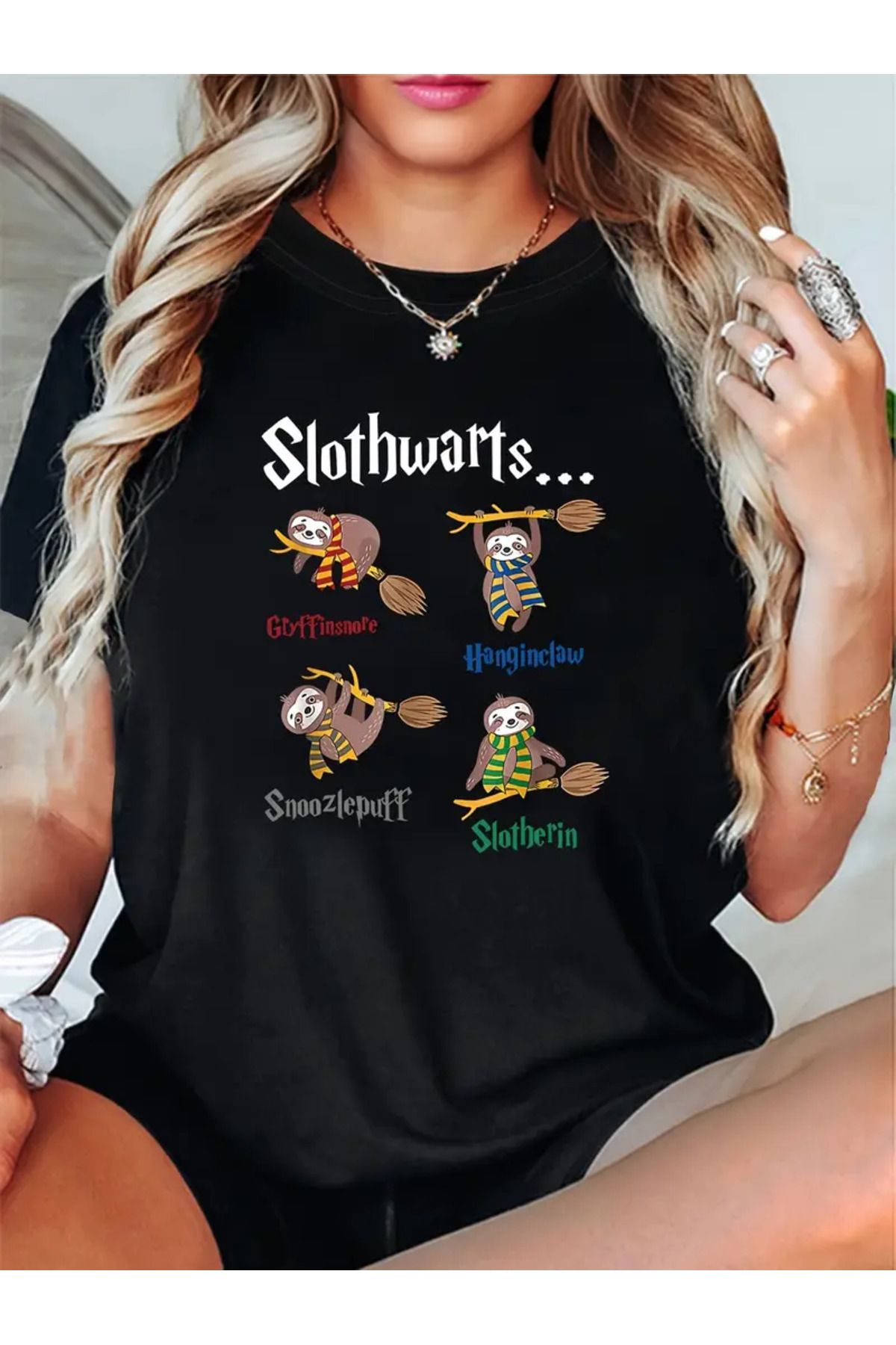 AEMİ Unisex Slothwarts Baskılı %100 Pamuk Oversize T-shirt