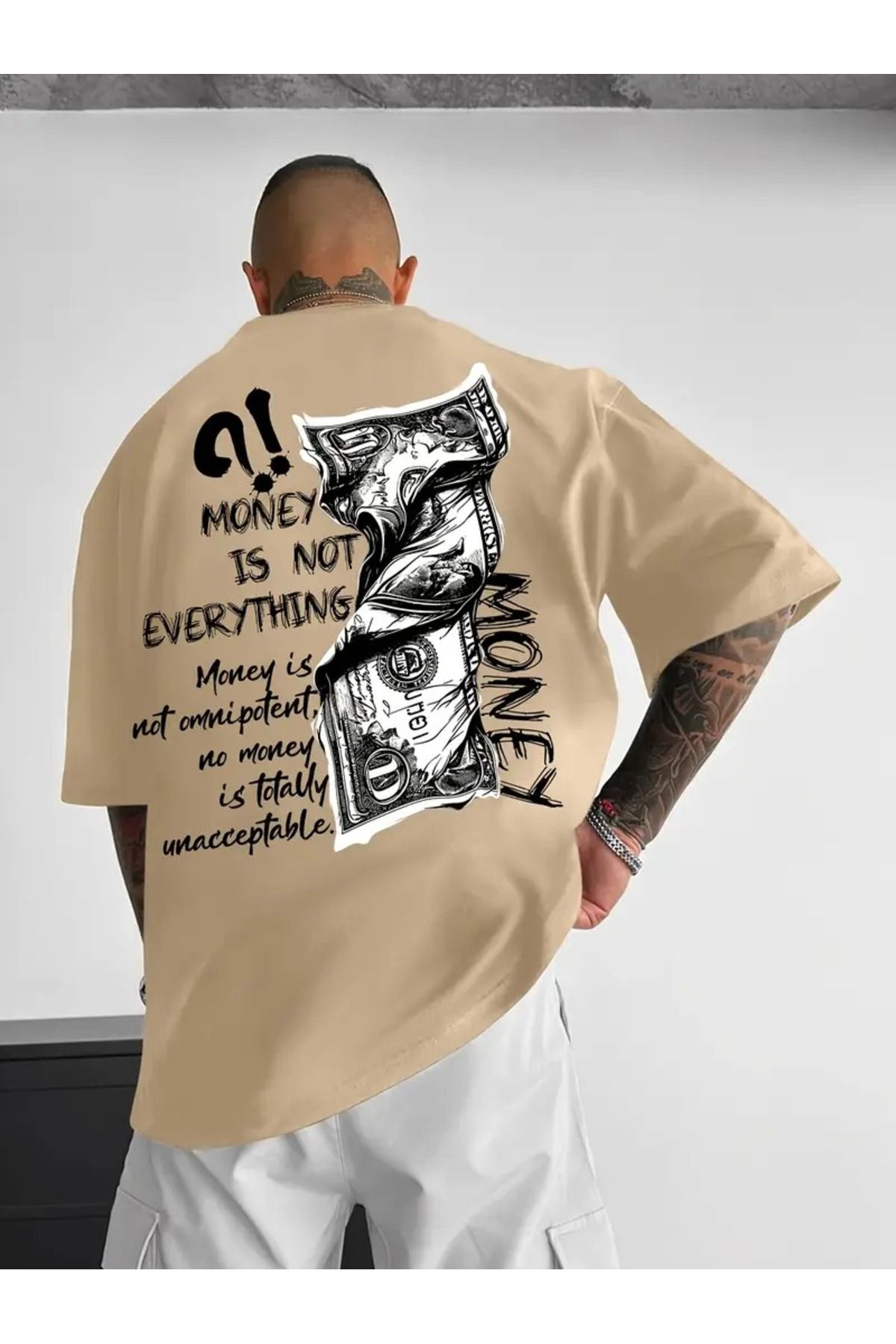 LAND MODA Erkek Rahat Sokak Stili T-Shirt - Cesur "PARA HER ŞEY DEĞİLDİR" Grafik Tasarım