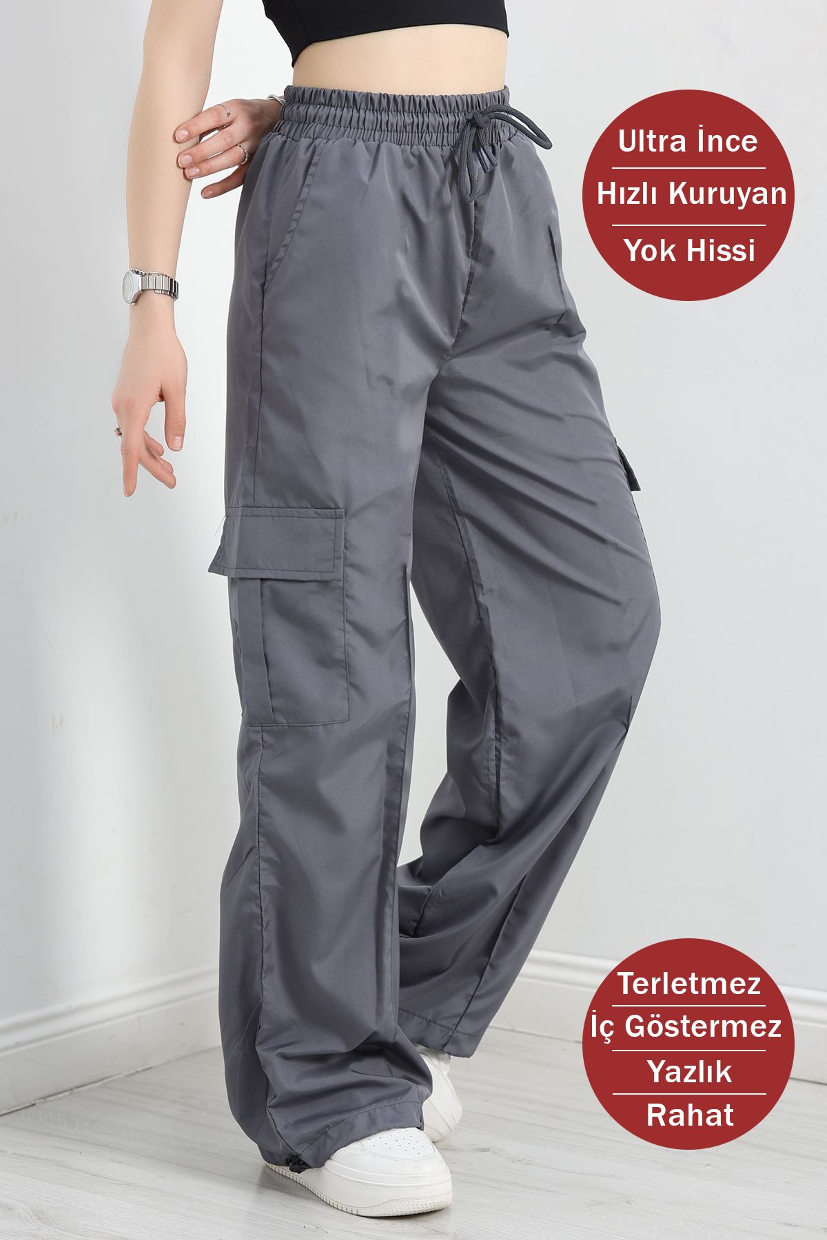 OXVİN Kadın Oversize Paraşüt Kumaş Kargo Cep, Paça Klipsli, Baggy Pantolon
