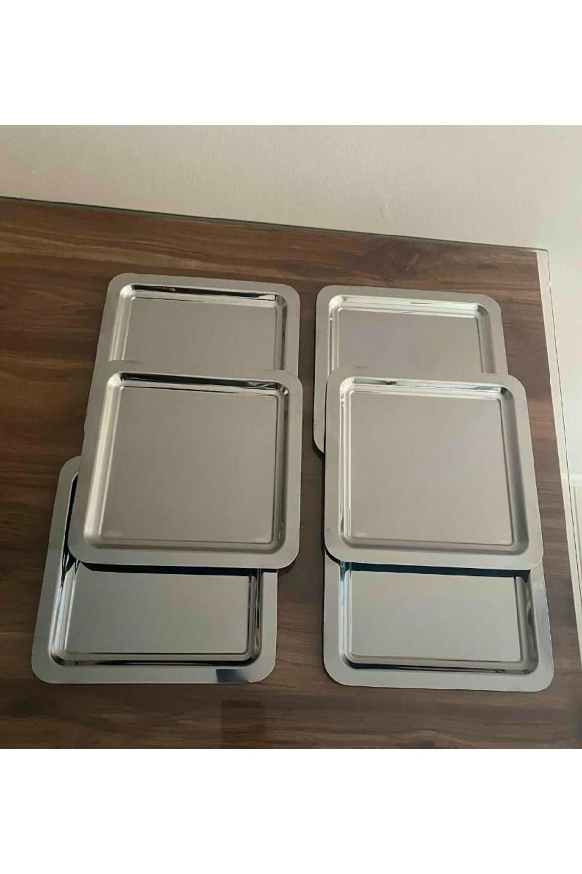 SENEMİSS BUTİK Lüx 6'lı Gümüş Kare Paslanmaz Çelik Çay, Kahve, Dekoratif Sunum Tepsisi