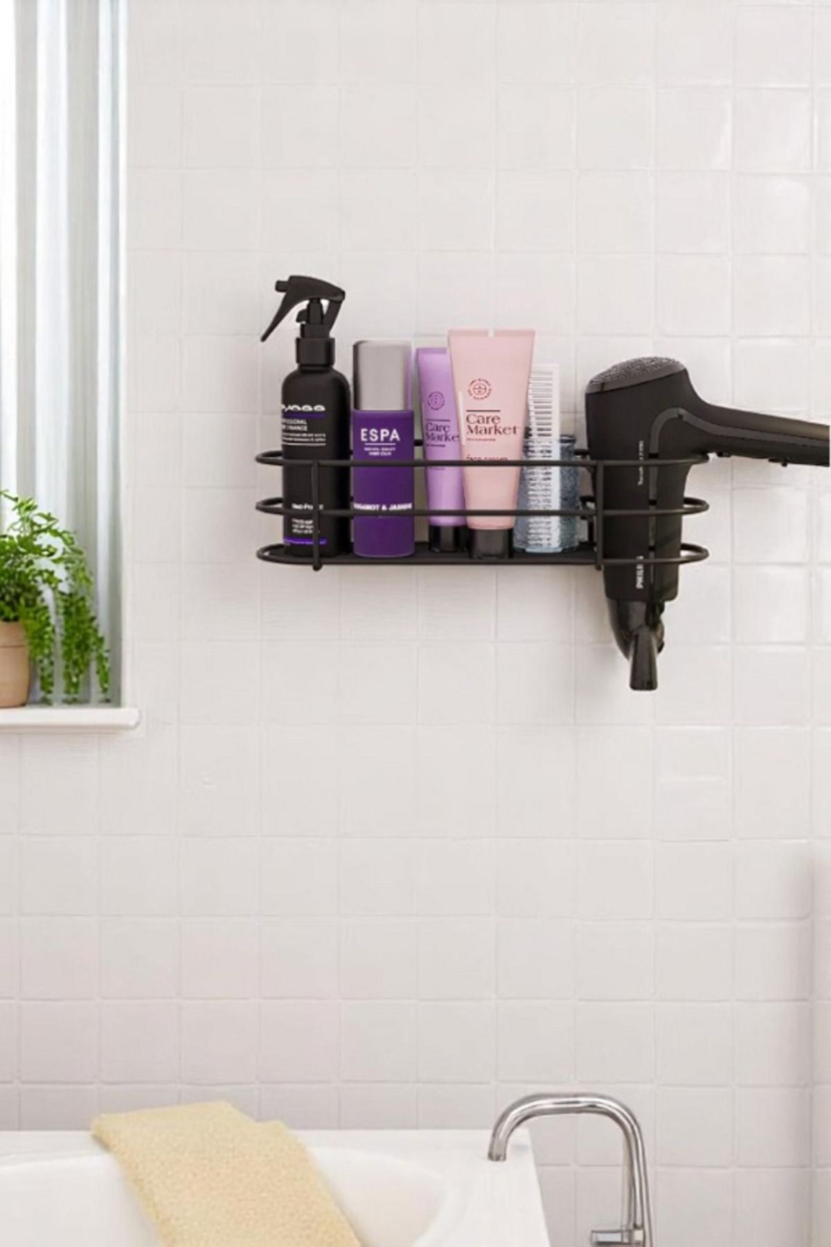 Magic Objects Yapışkanlı Fön Tutucu Organizer, Yapışkanlı Tek Katlı Fön Makinesi Hazneli Banyo Düzenleyici