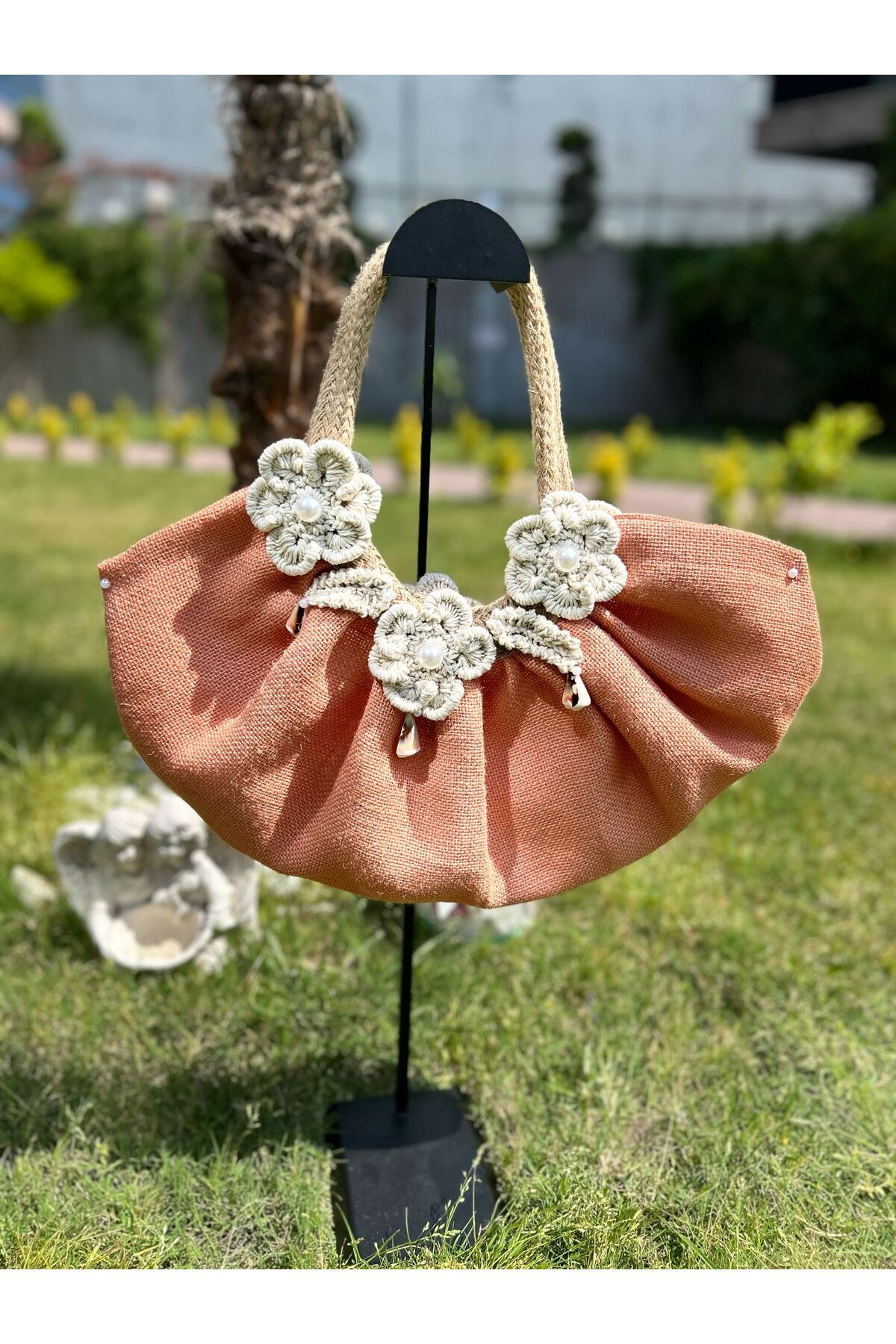 MD CRAFT ATÖLYE kiremit rengi jüt kumaştan örme saplı ve el yapımı motifli yazlık el açtası
