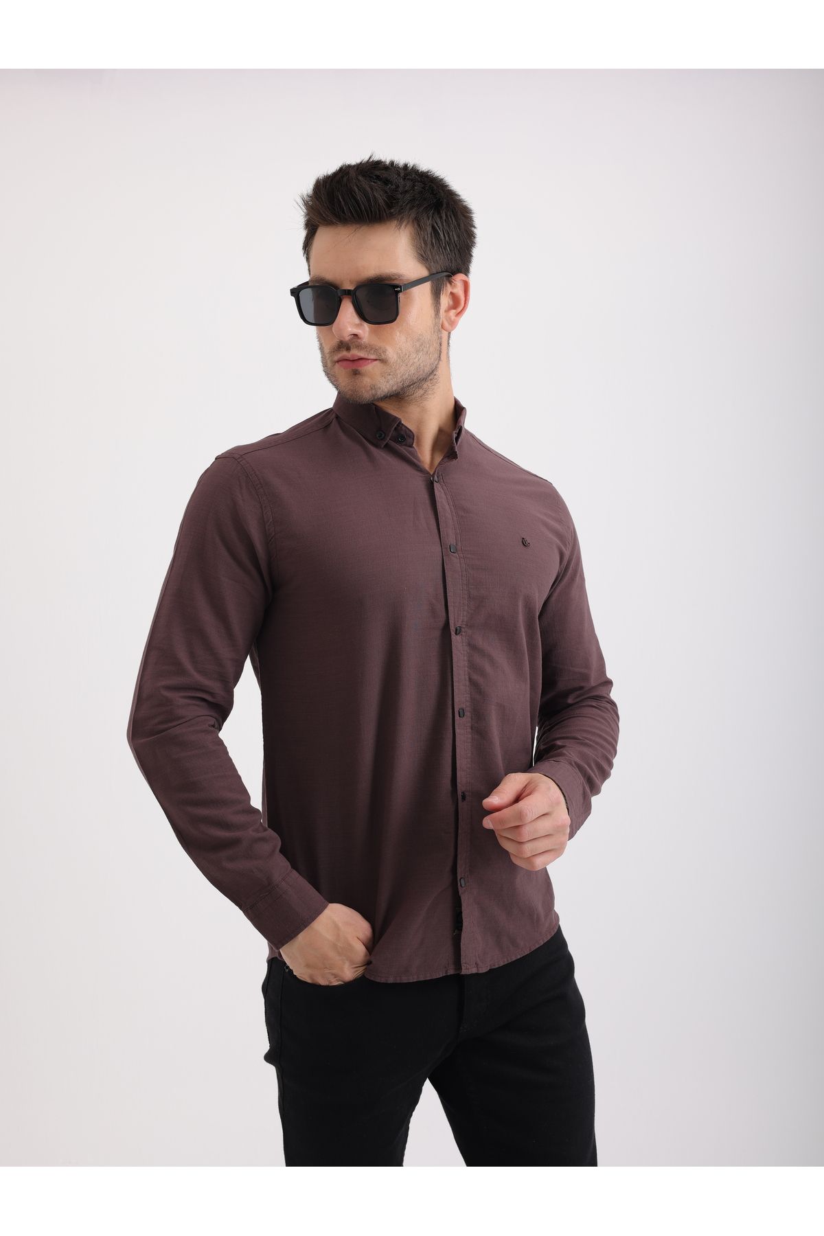 Sabe Erkek Slim Fit Kahverengi Keten Gömlek