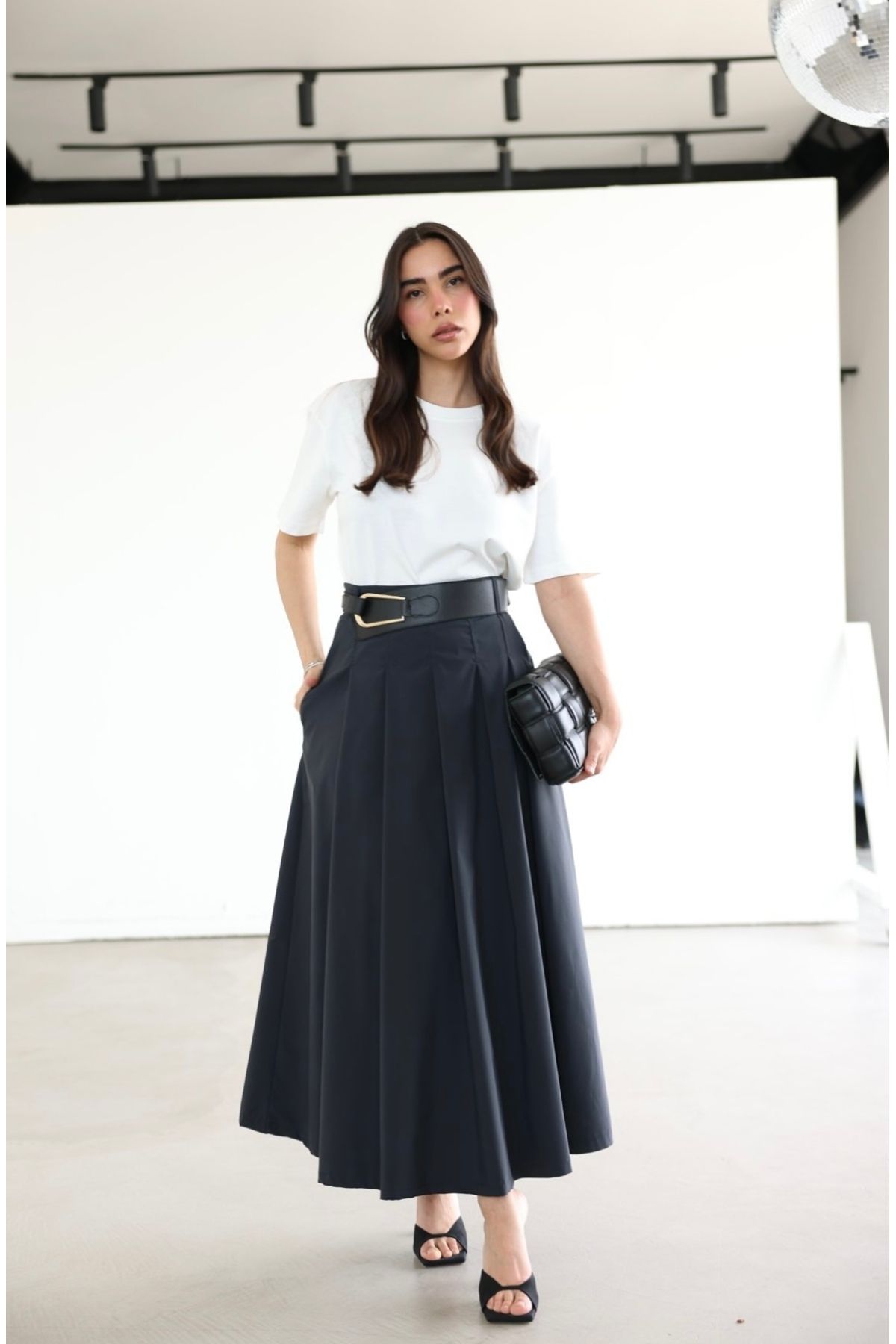 GLAM Yandan cepli pileli kemerli etek