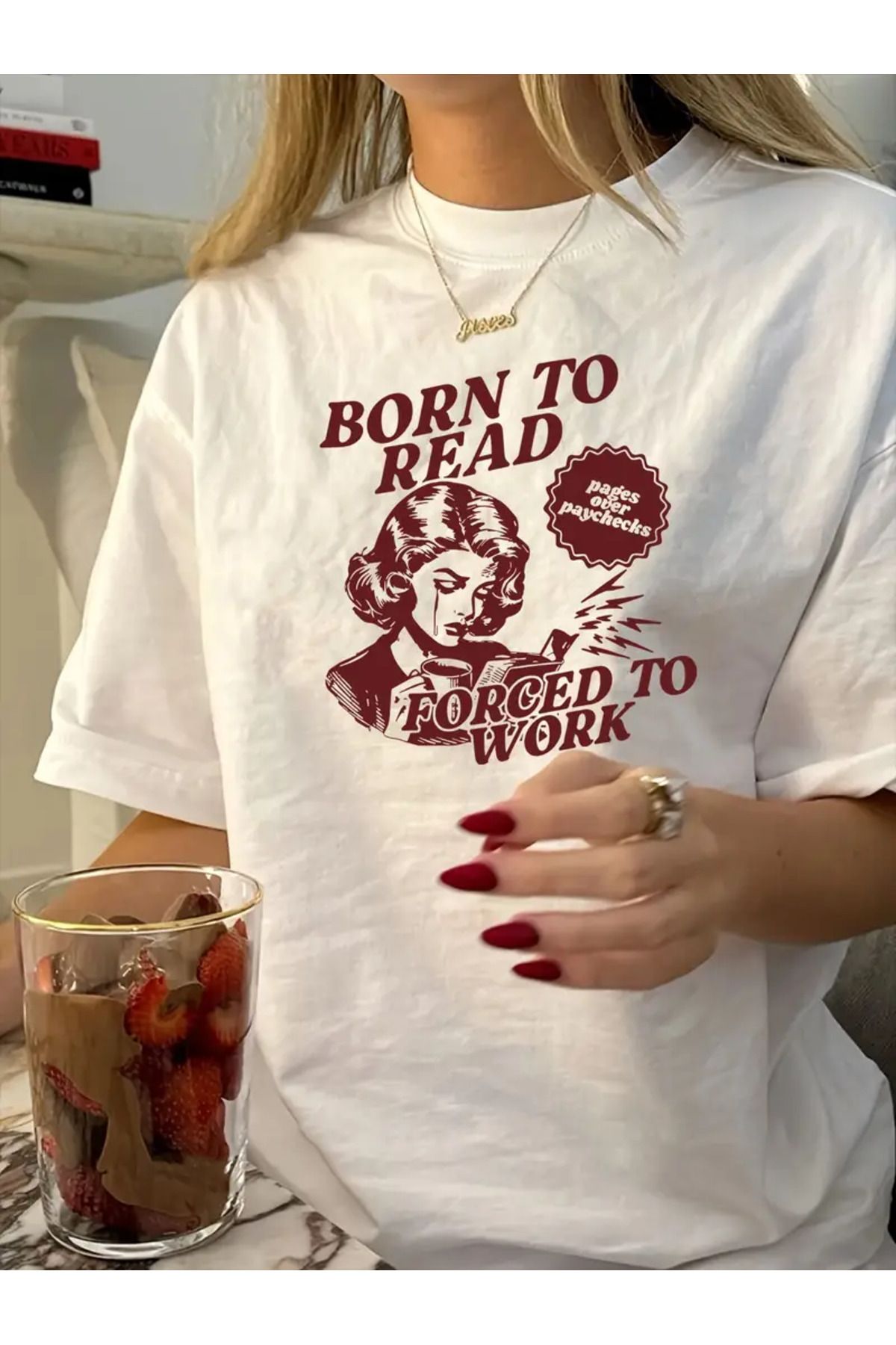 AEMİ Unisex Born To Read Baskılı %100 Pamuk Oversize T-shirt