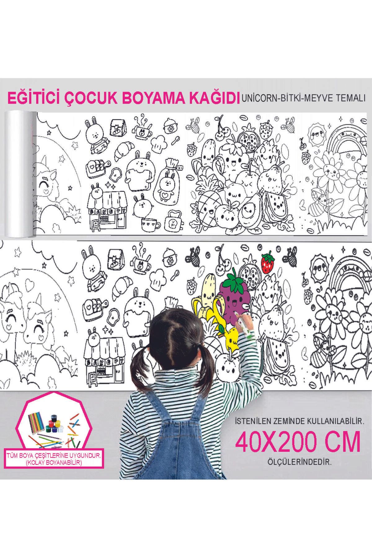 Baskı Madeni EĞİTİCİ UNİCORN-MEYVE-BİTKİ TEMALI RULO BOYAMA KAĞIDI 40X200 CM