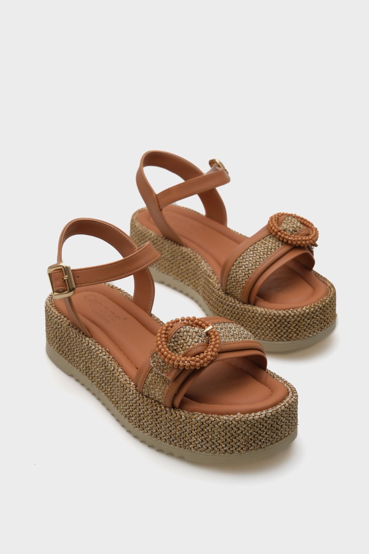 Capone Outfitters Vanda Ahşap Tek Tokalı Leoparlı Hasırlı Dolgu Topuklu Kadın Sandalet