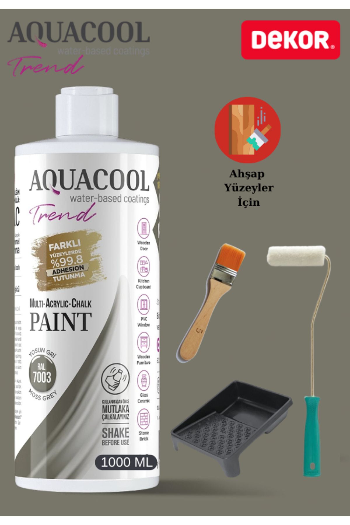 Aquacool Trend Aquacool 1000 ml Ahşap Dönüşüm Boyama Seti Kadife Rulo, Boyacı Tavası, Fırça Ral 7003 Dolap Boyası