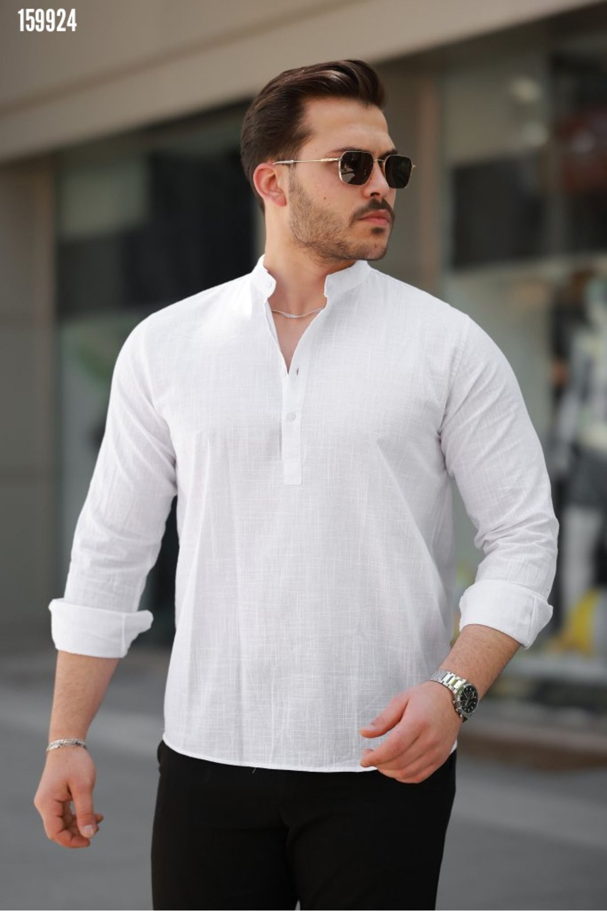 moda wanilia Erkek Hakim Yaka Düğme Detaylı Keten Gömlek