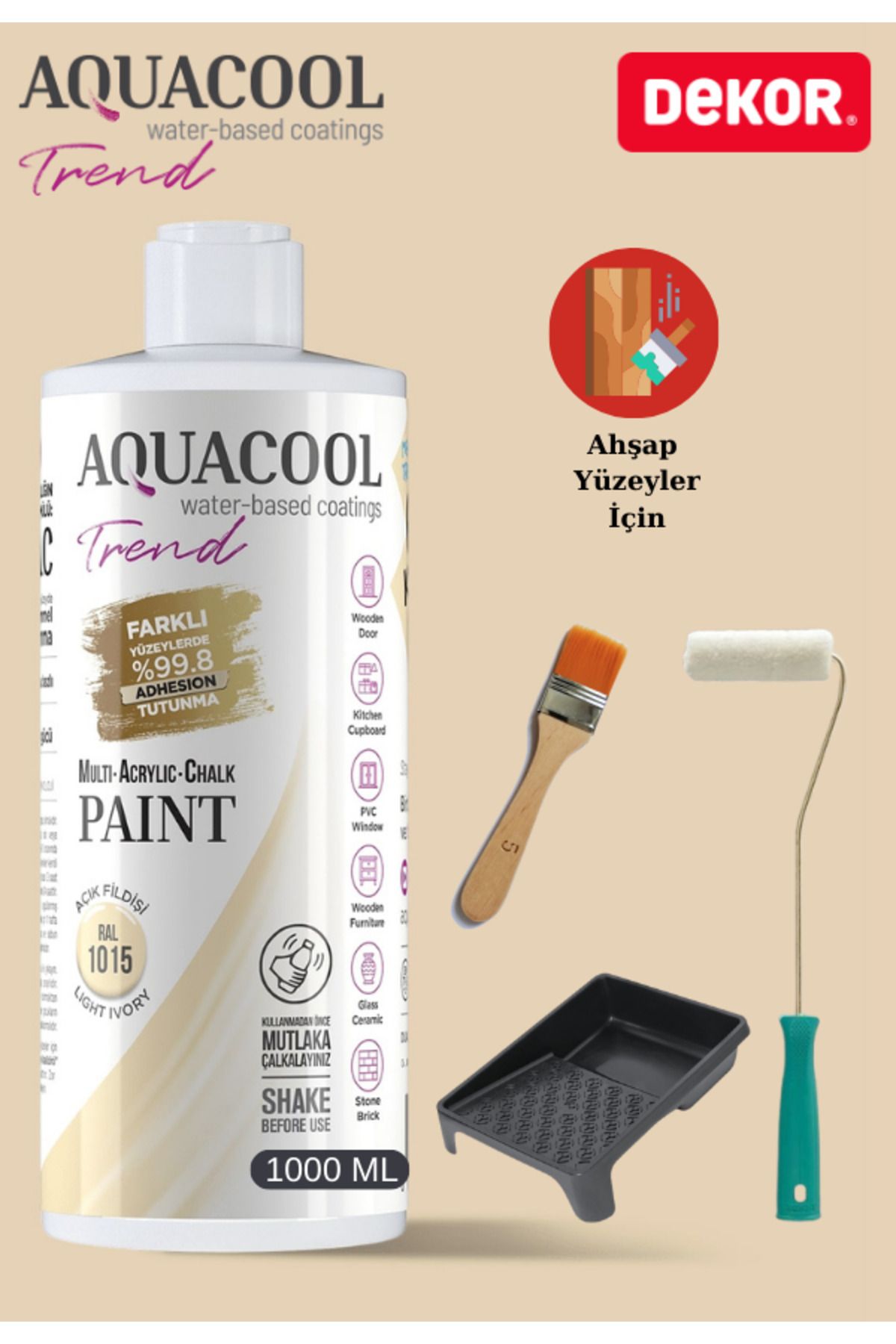 Aquacool Trend Aquacool 1000 ml Ahşap Dönüşüm Boyama Seti Kadife Rulo, Boyacı Tavası, Fırça Ral 1015 Dolap Boyası