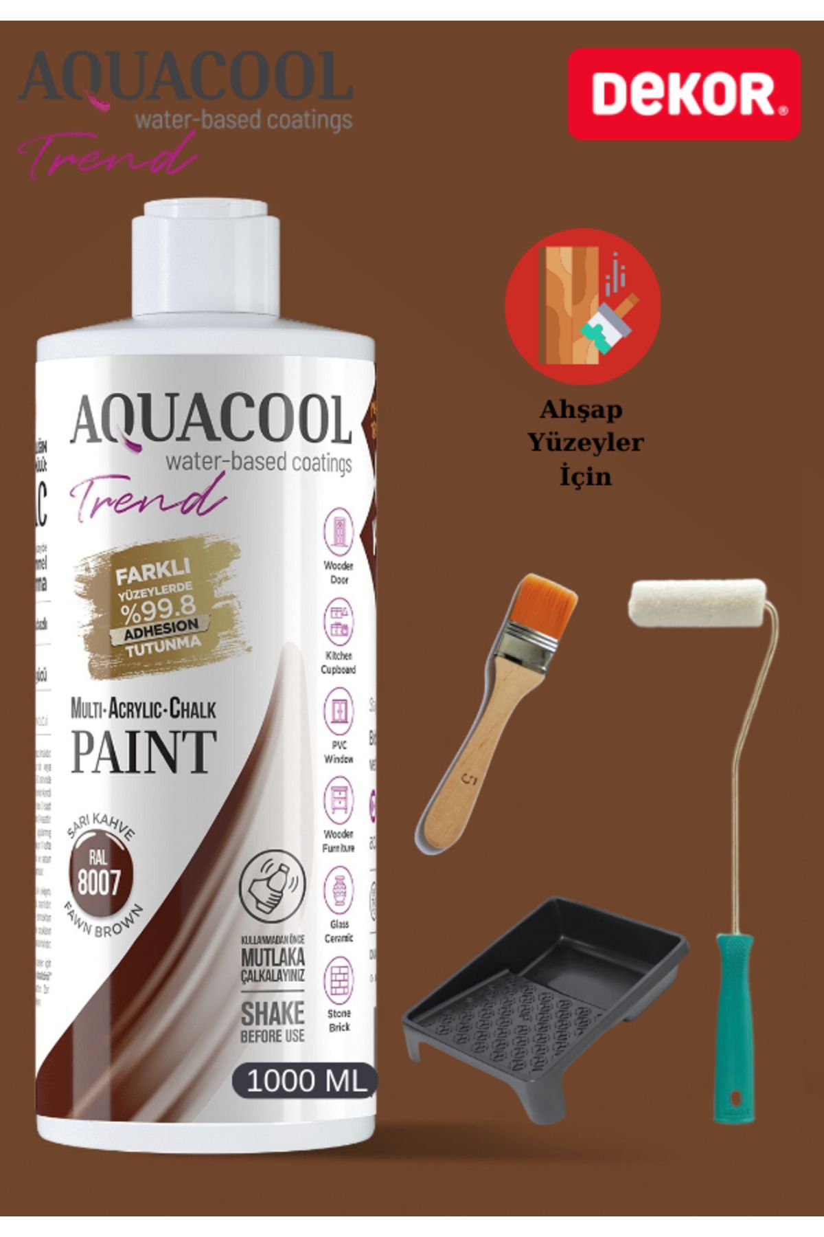 Aquacool Trend Aquacool 1000 ml Ahşap Dönüşüm Boyama Seti Kadife Rulo, Boyacı Tavası, Fırça Ral 8007 Dolap Boyası