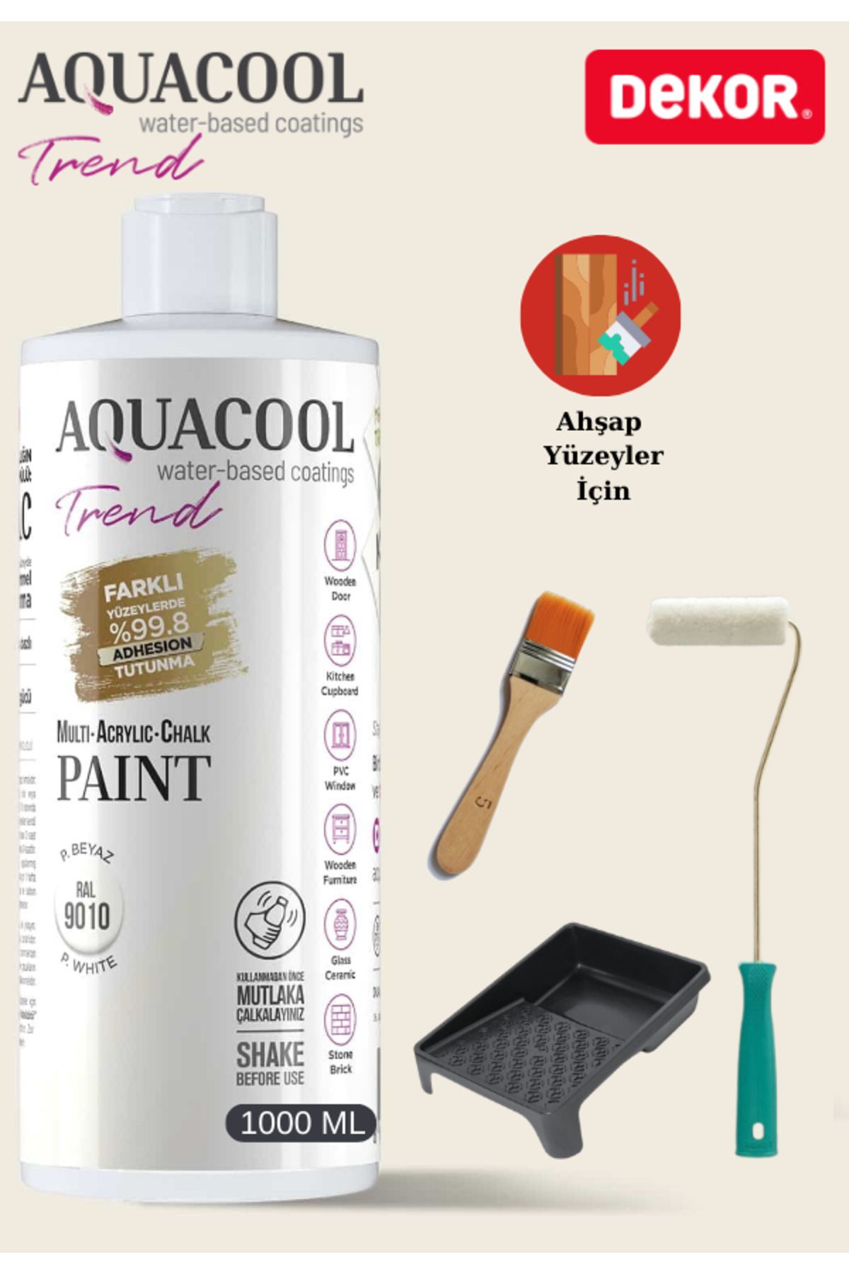 Aquacool Trend Aquacool 1000 ml Ahşap Dönüşüm Boyama Seti Kadife Rulo, Boyacı Tavası, Fırça Ral 9010 Dolap Boyası