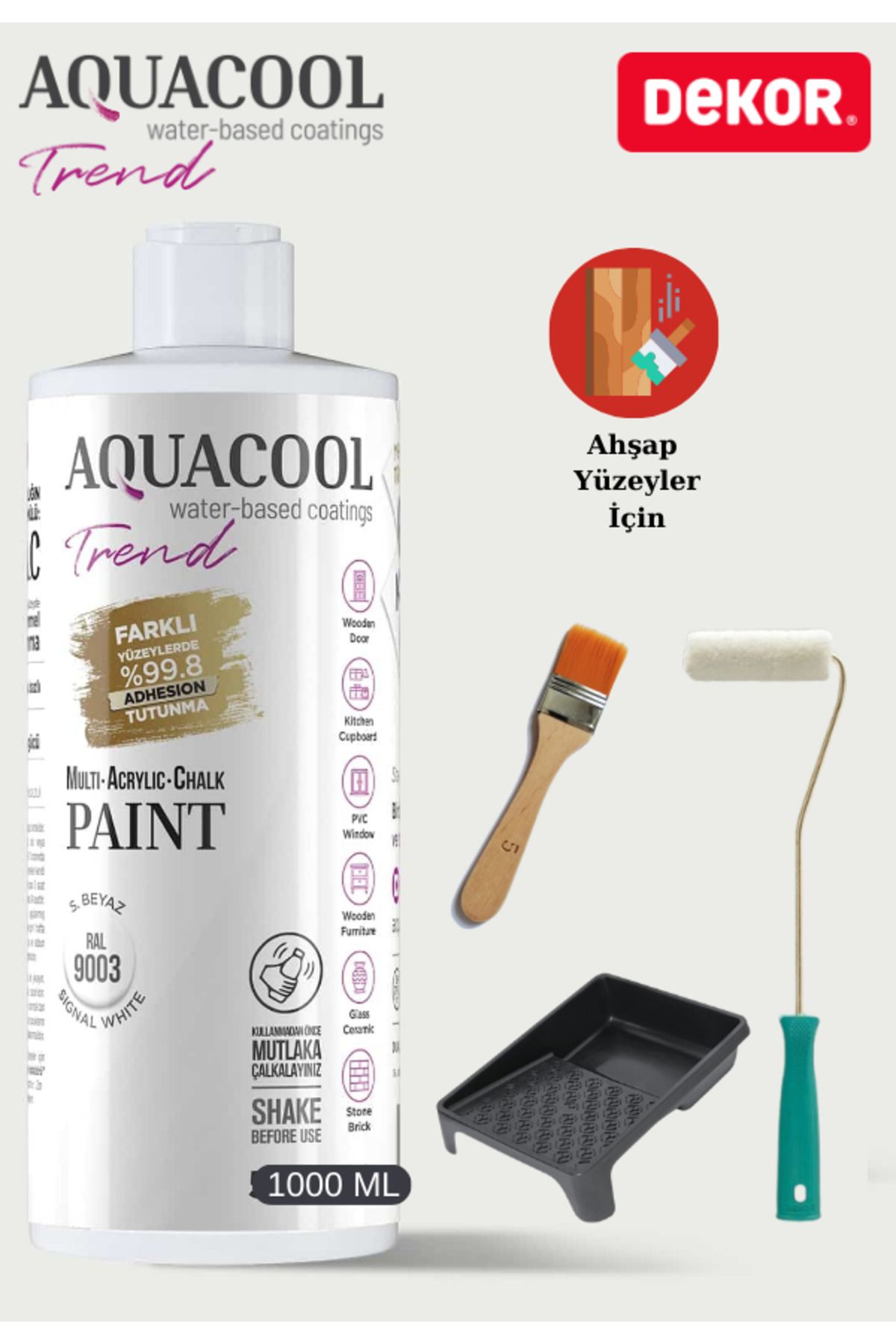 Aquacool Trend Aquacool 1000 ml Ahşap Dönüşüm Boyama Seti Kadife Rulo, Boyacı Tavası, Fırça Ral 9003 Dolap Boyası