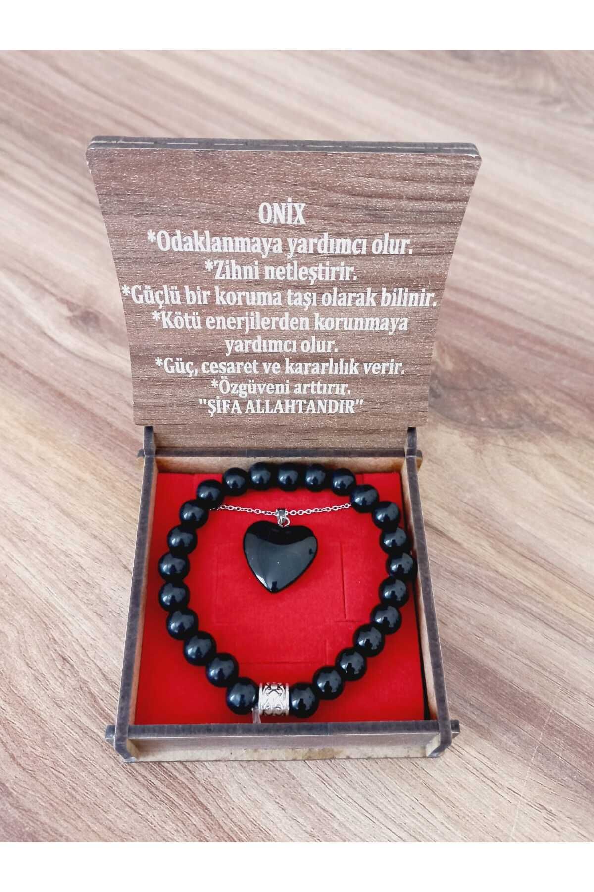 OĞUZUN DÜNYASI Özel Kutulu Doğal Taş Onix Taşı Siyah Kolye Bileklik Set