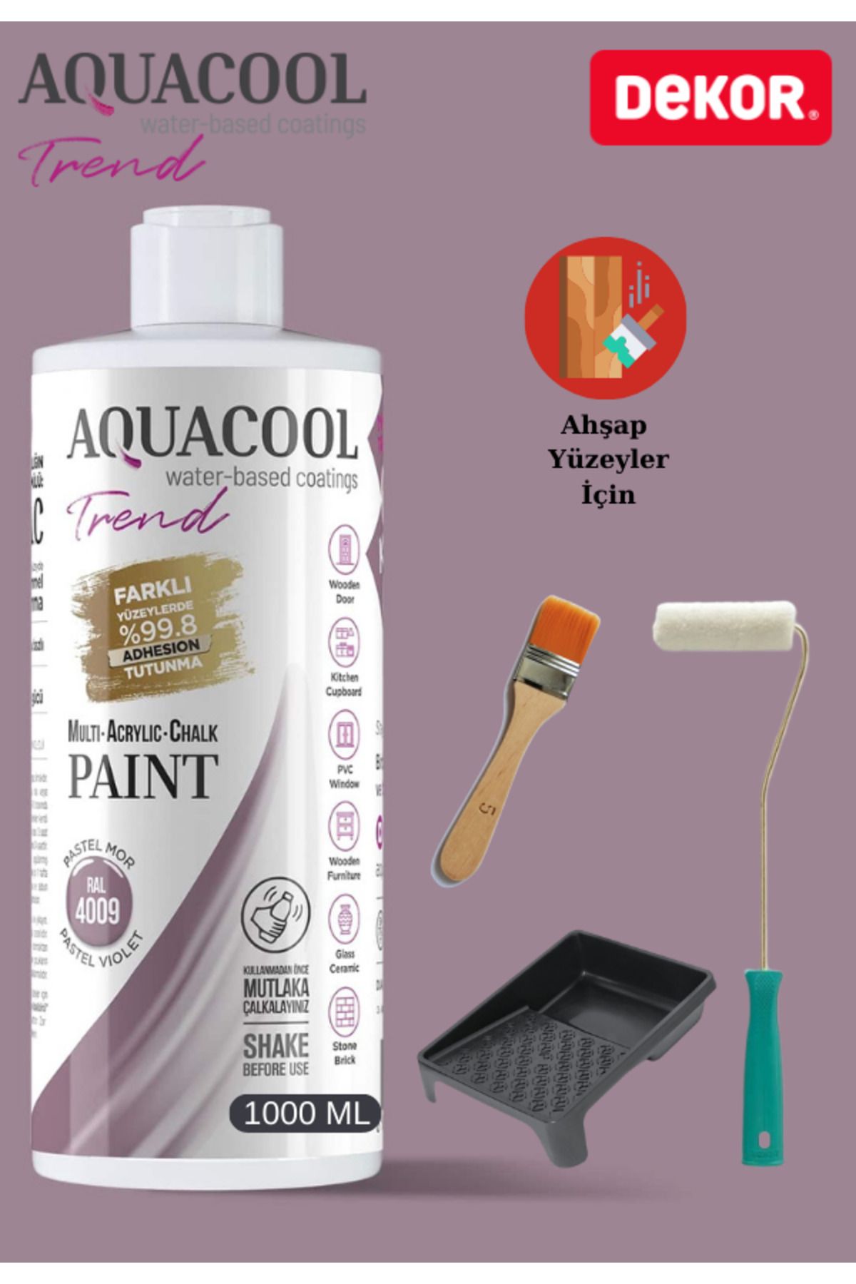 Aquacool Trend Aquacool 1000 ml Ahşap Dönüşüm Boyama Seti Kadife Rulo, Boyacı Tavası, Fırça Ral 4009 Dolap Boyası