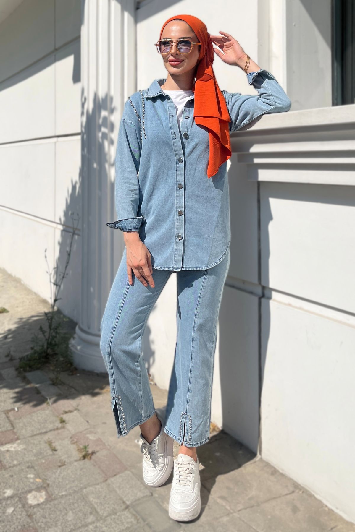 TOFİSA Taş Detaylı İkili Kot Takım Buz Mavi - 25365