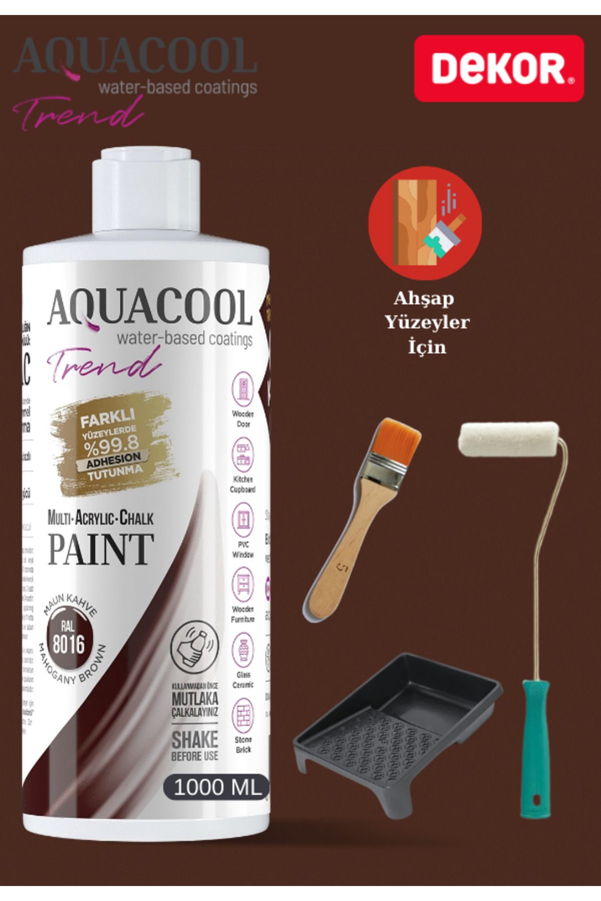 Aquacool Trend Aquacool 1000 ml Ahşap Dönüşüm Boyama Seti Kadife Rulo, Boyacı Tavası, Fırça Ral 8016 Dolap Boyası